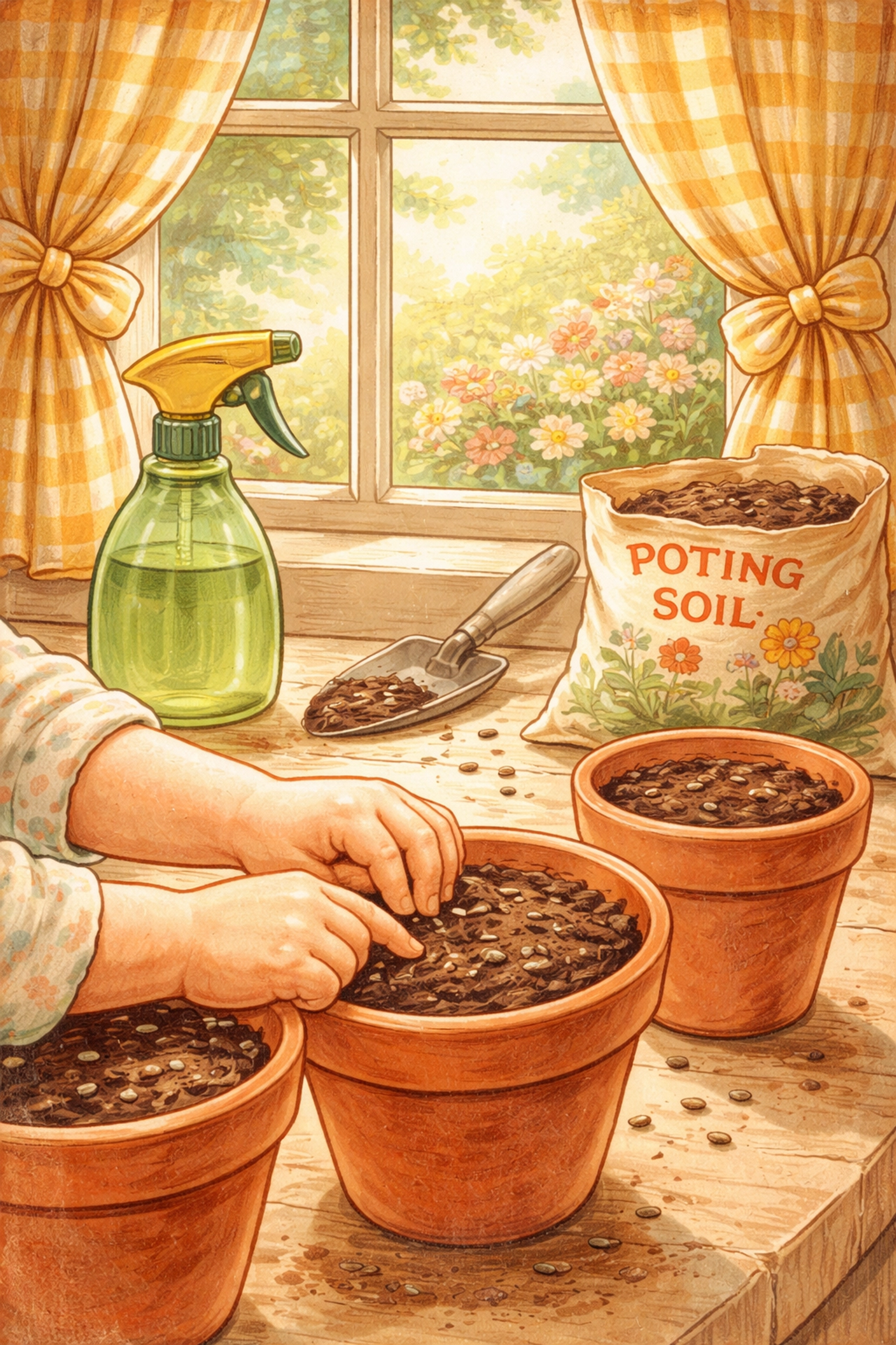 Child planting milkweed seeds in pots on a sunny window, perfect for growing flowers Monarchs love.