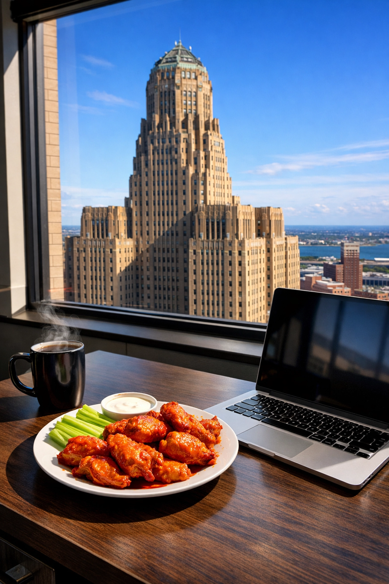 A professional Buffalo office desk with wings and a laptop overlooking the historic Buffalo City Hall.