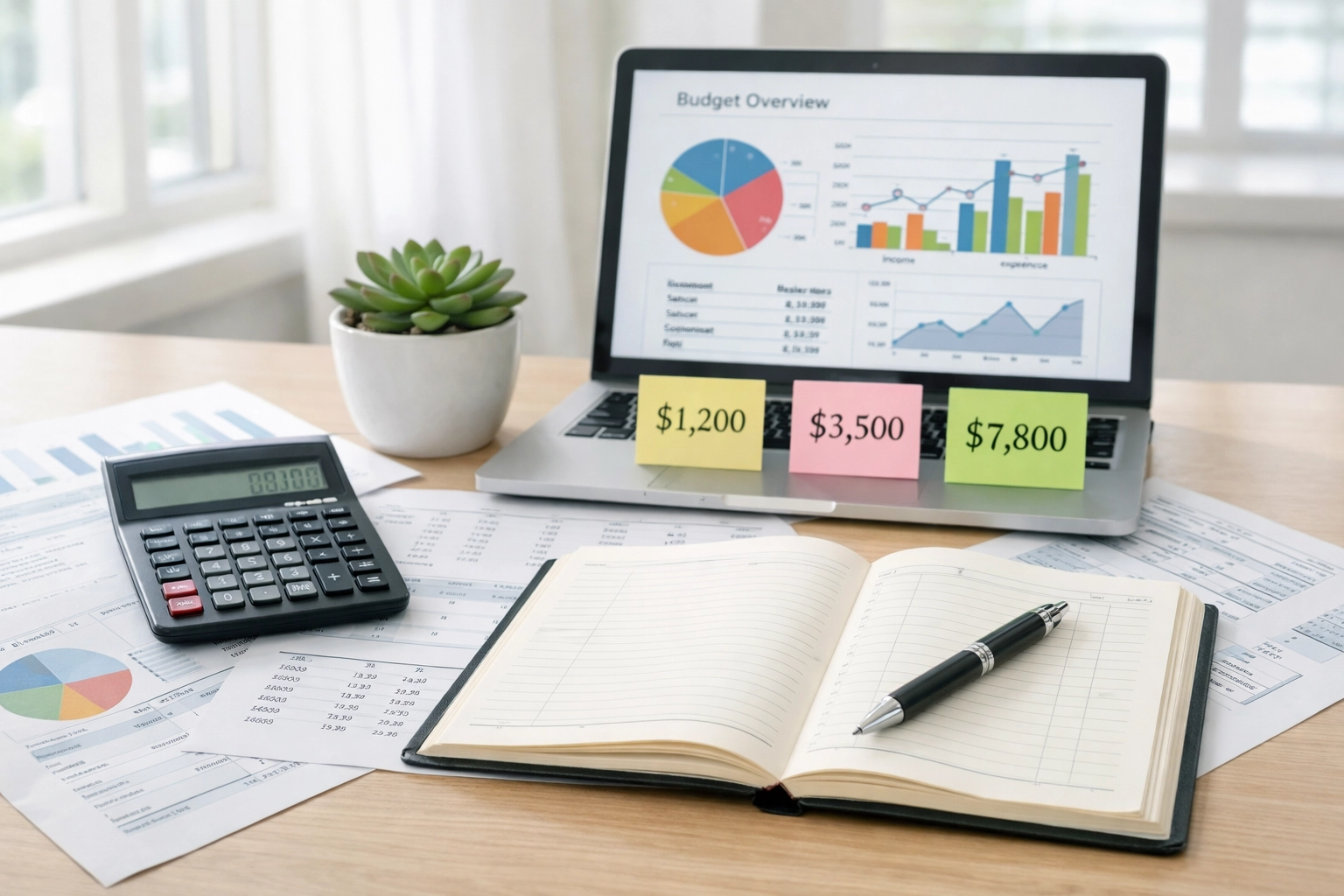 Financial planning workspace with calculator and budget charts for small business payroll costs
