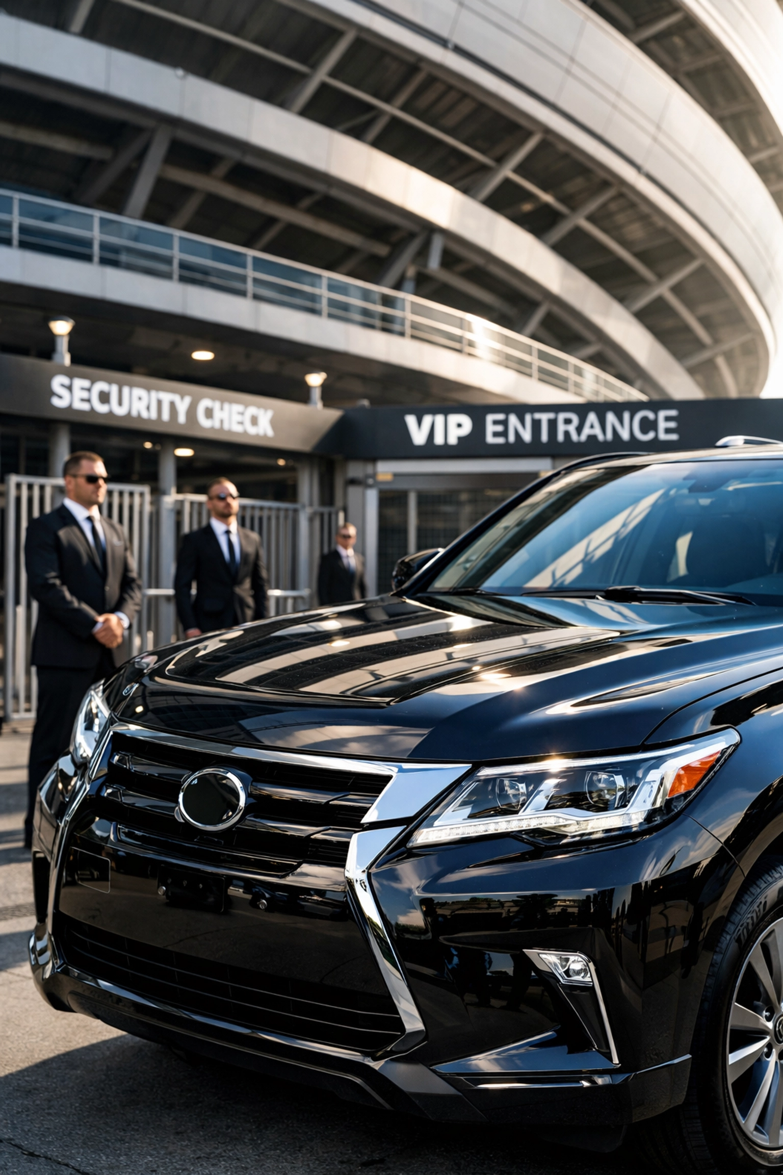 Black executive SUV and security detail at a stadium VIP entrance for Super Bowl logistics.
