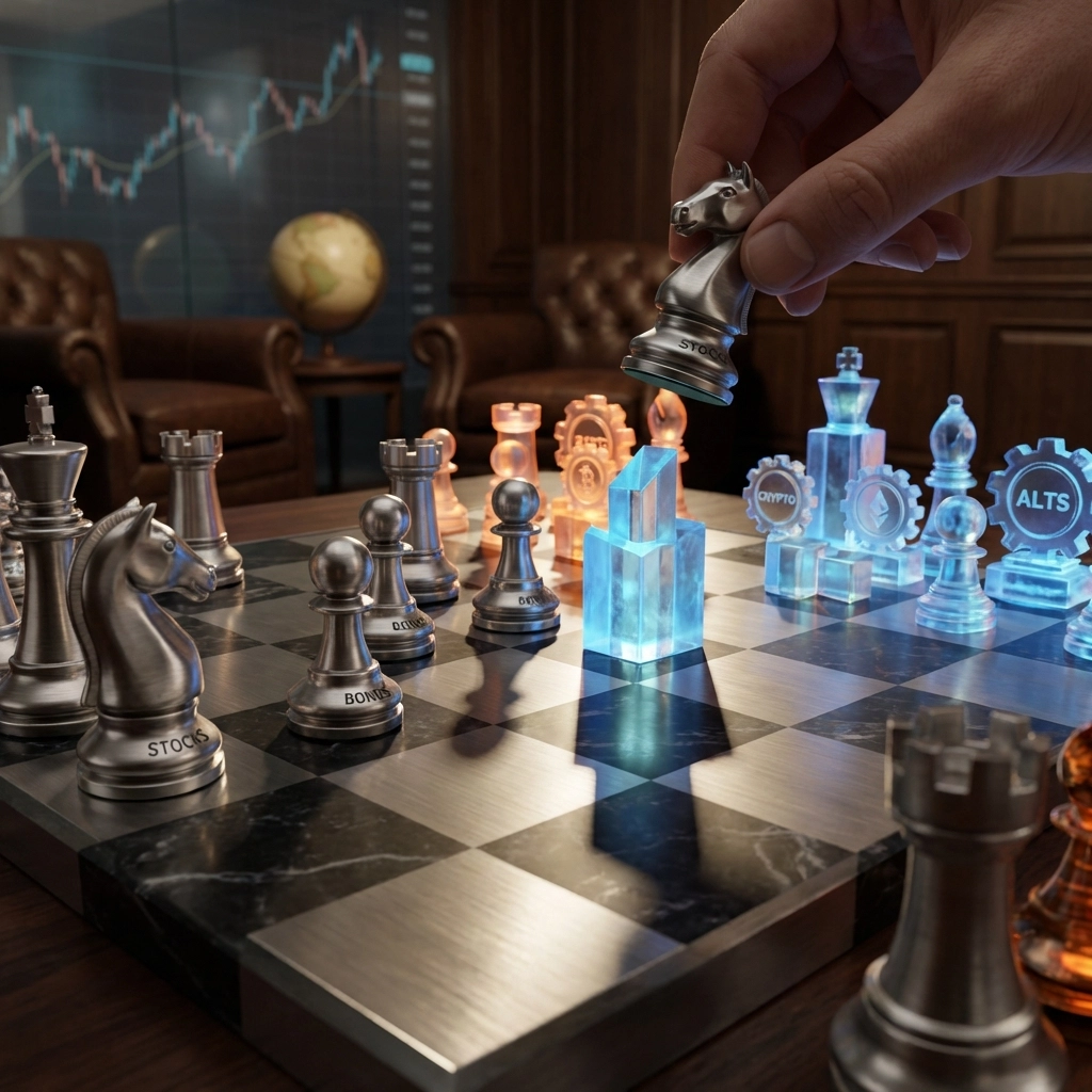 Chess board with classic and modern pieces illustrating diversification, strategy, and portfolio risk management