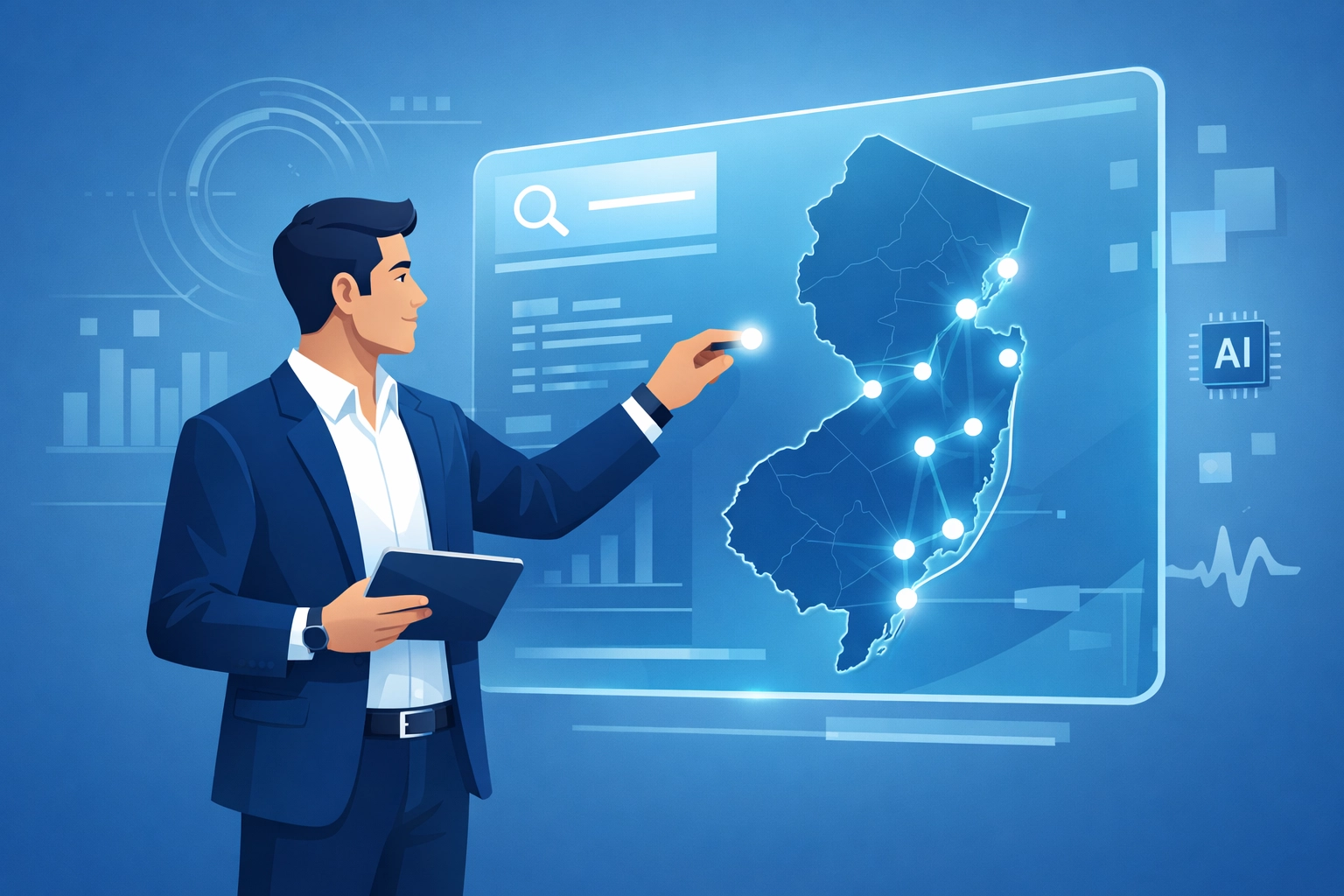 Professional using AI search tools to map local SEO services across Monmouth County NJ.