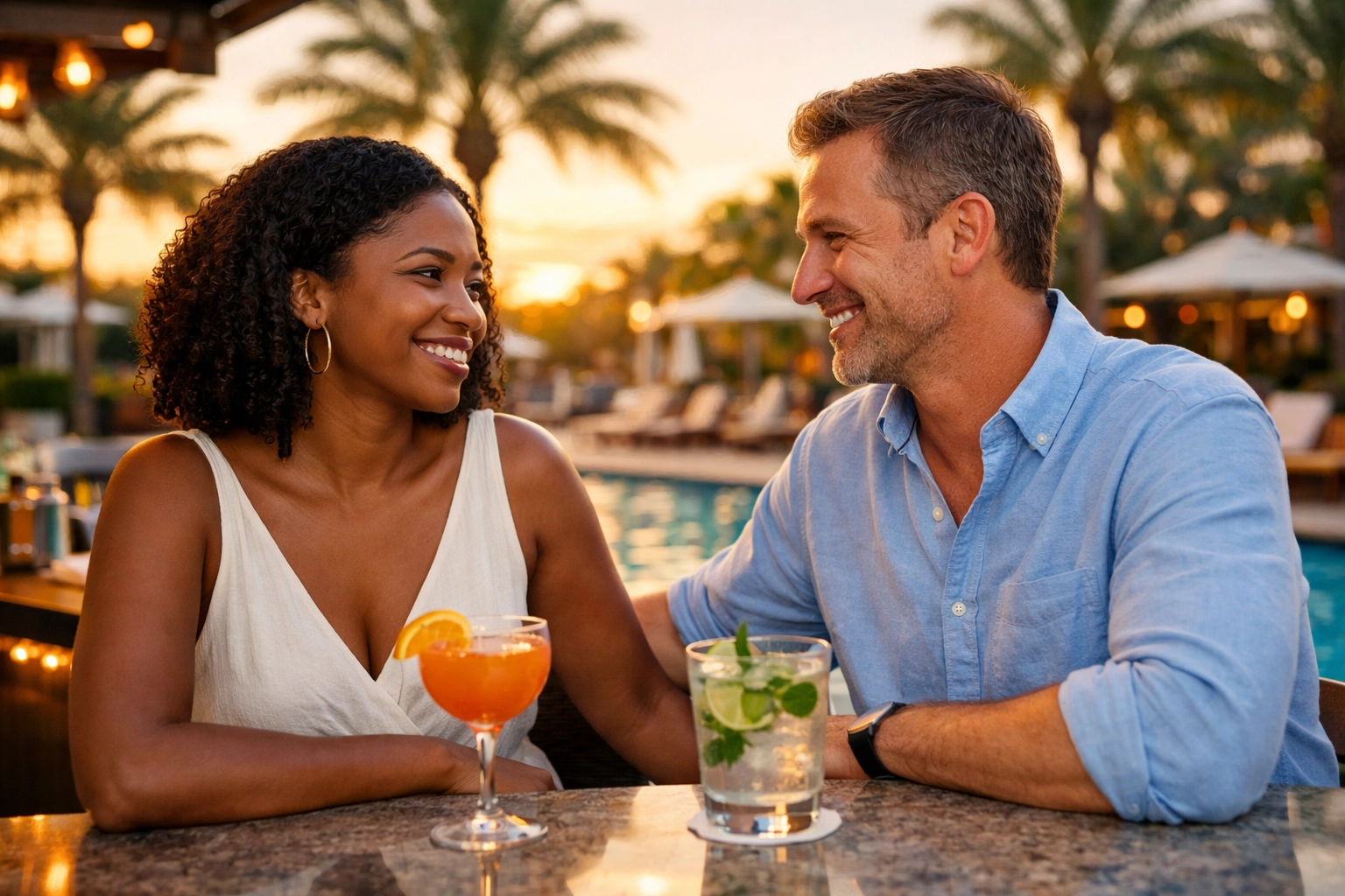 Couple having respectful conversation at lifestyle resort poolside bar