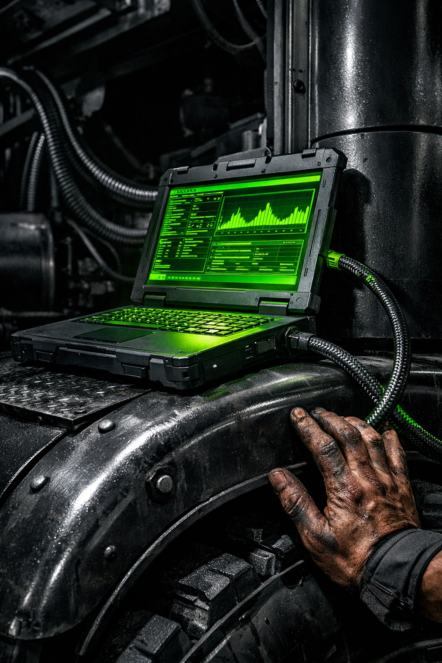 Professional technician using a laptop to perform custom diesel tuning on a heavy-duty truck.