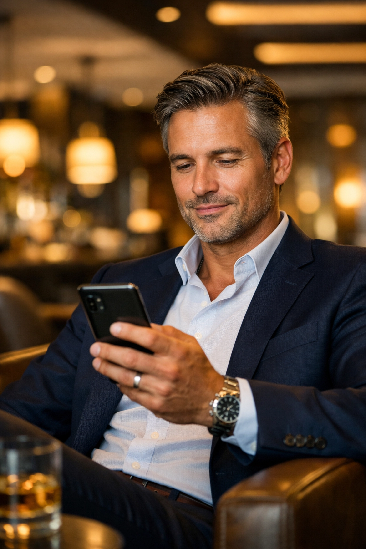 An entrepreneur in a modern lounge using a mobile CRM to maintain a premium and seamless customer experience.
