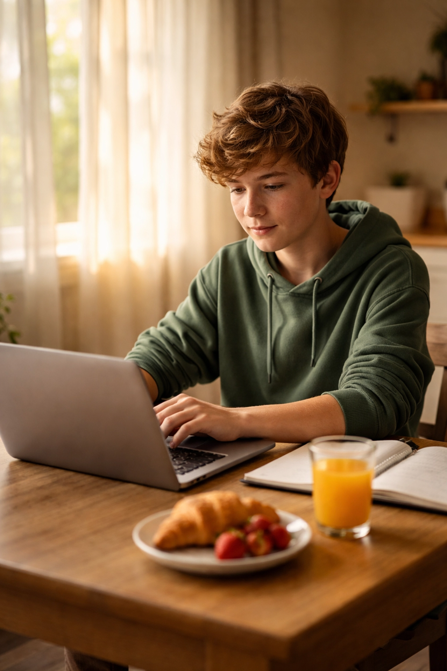 Teen student calmly taking an SAT practice test at home with natural light and relaxed focus