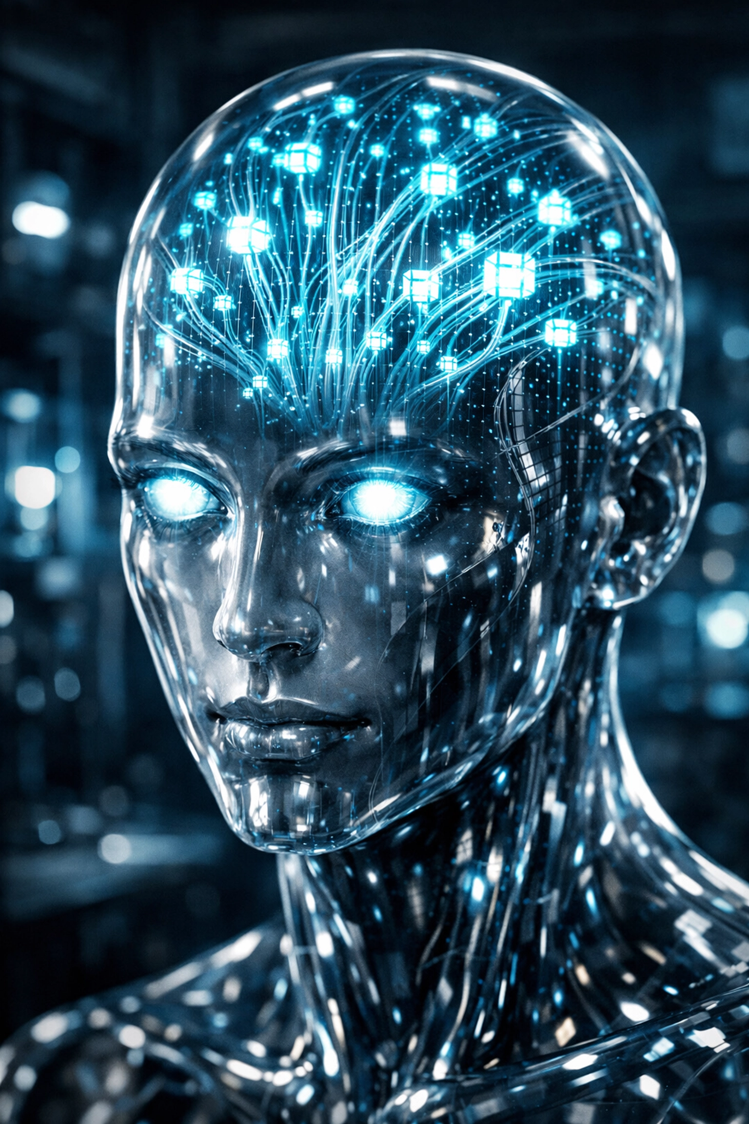A translucent humanoid head with glowing digital circuits, representing AI pattern recognition and artificial consciousness.