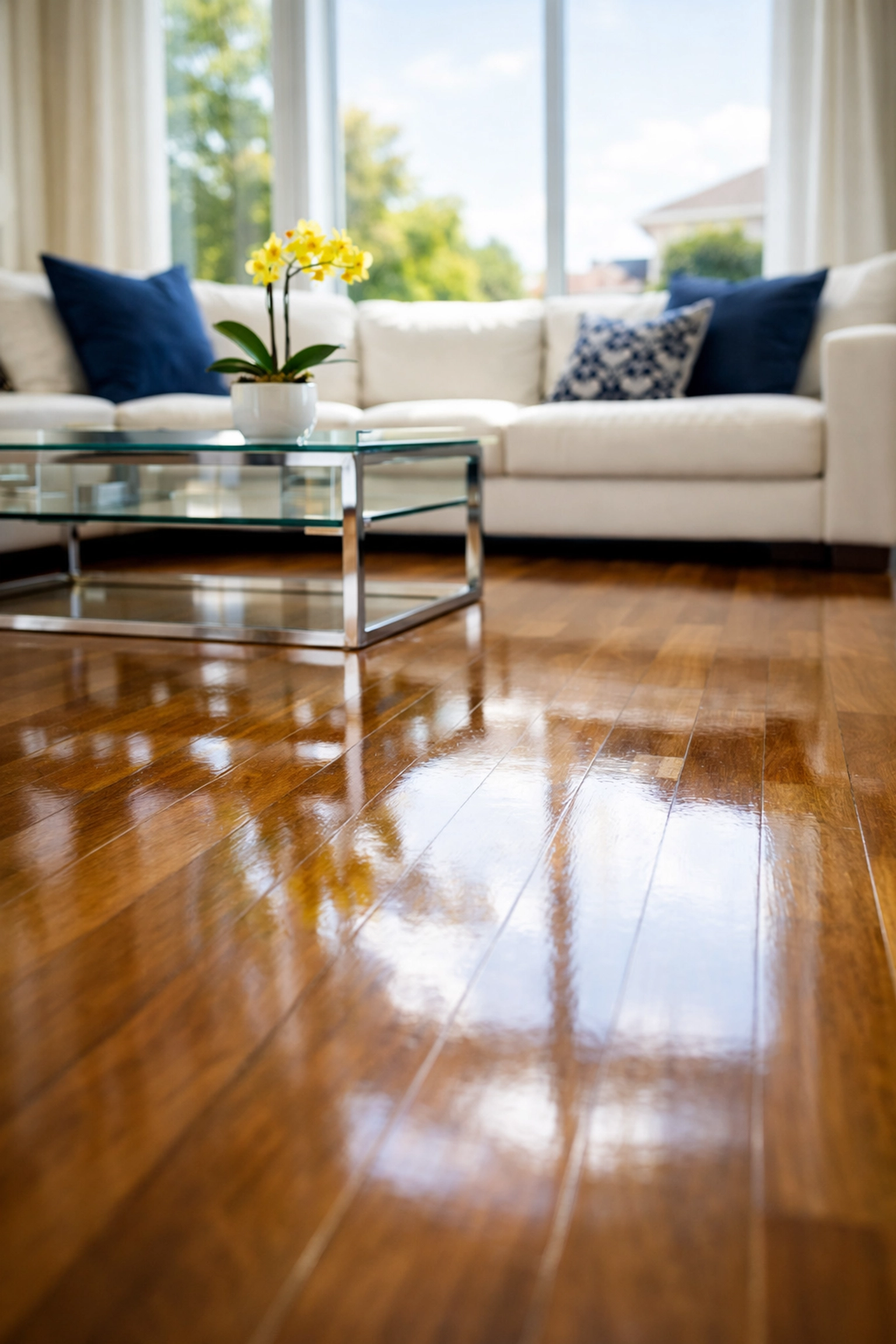 Spotless hardwood floors in a luxury Natick living room after professional weekly house cleaning Natick MA.