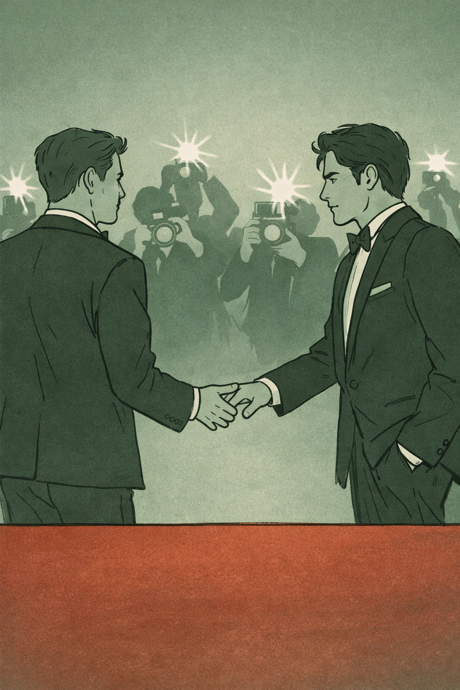 Two men in tuxedos reaching for each other's hands at Hollywood red carpet with camera flashes