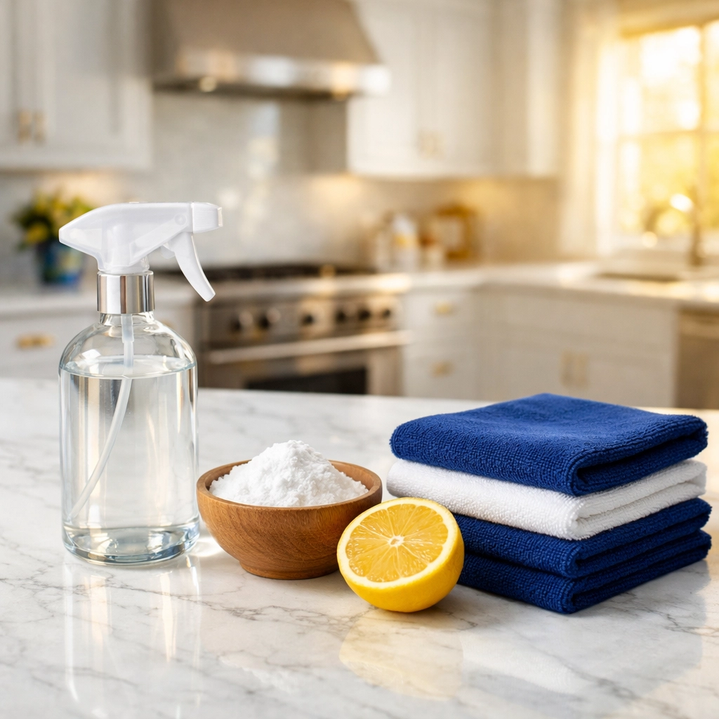 Natural eco-friendly supplies for professional Deep Cleaning in Walpole on a marble kitchen counter.