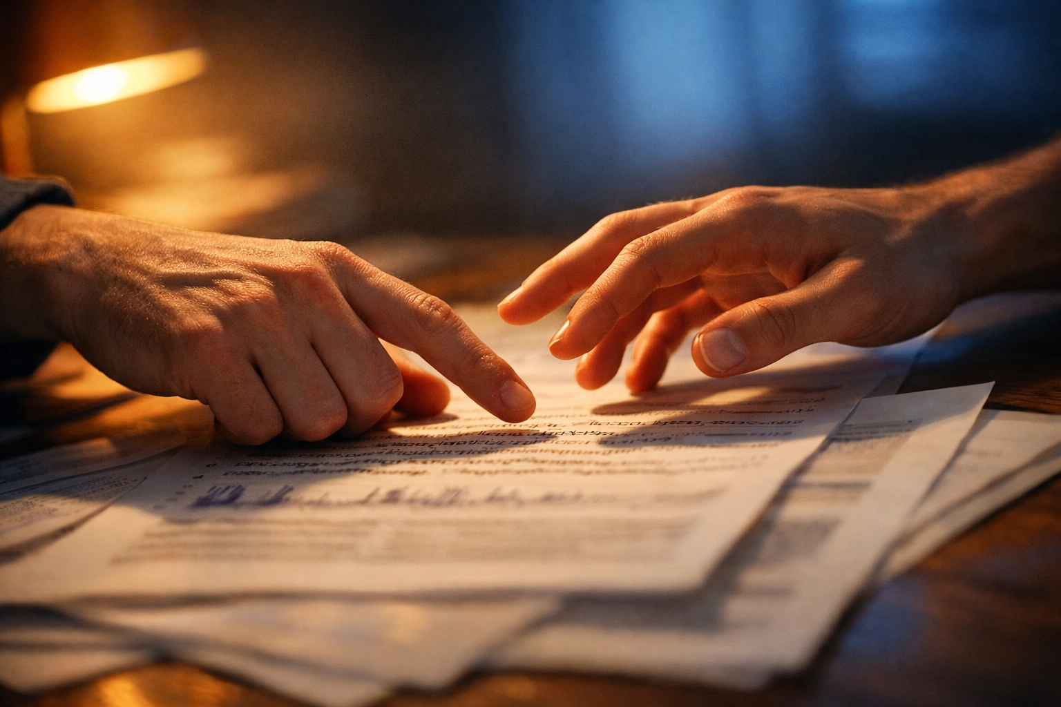 Two men's hands nearly touch over research papers - rivals to lovers romance moment
