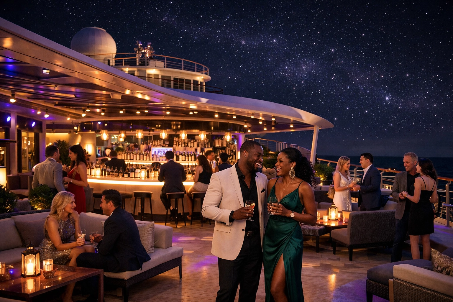 Diverse group enjoying the chic outdoor lounge and nightlife on a luxury lifestyle cruise.