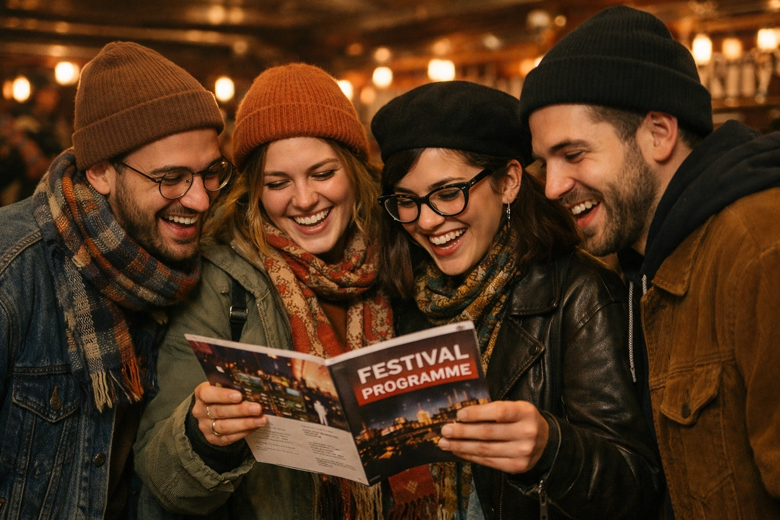 Creative crowd reviewing the festival program in a Montreal theater lobby for FIFA 44.