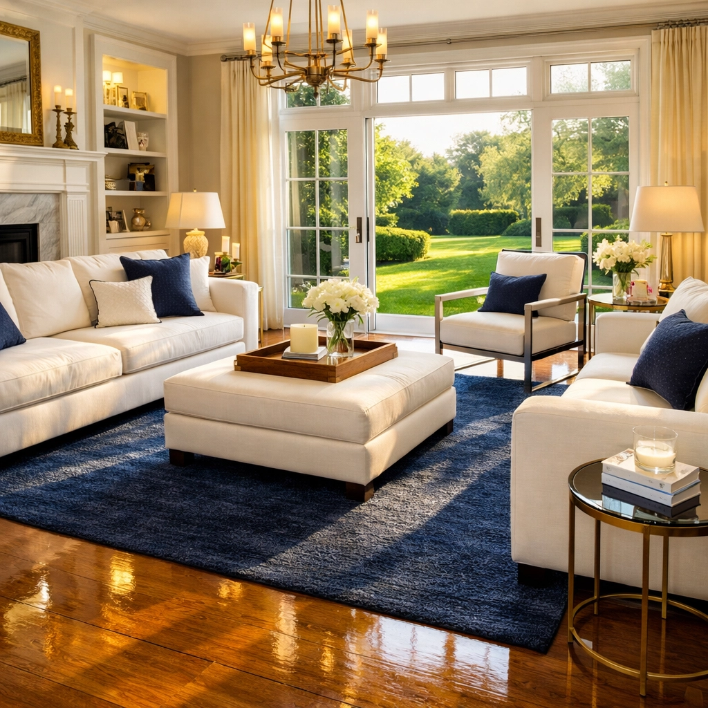 Pristine Massachusetts living room ready for move-in after professional post-construction cleaning services.