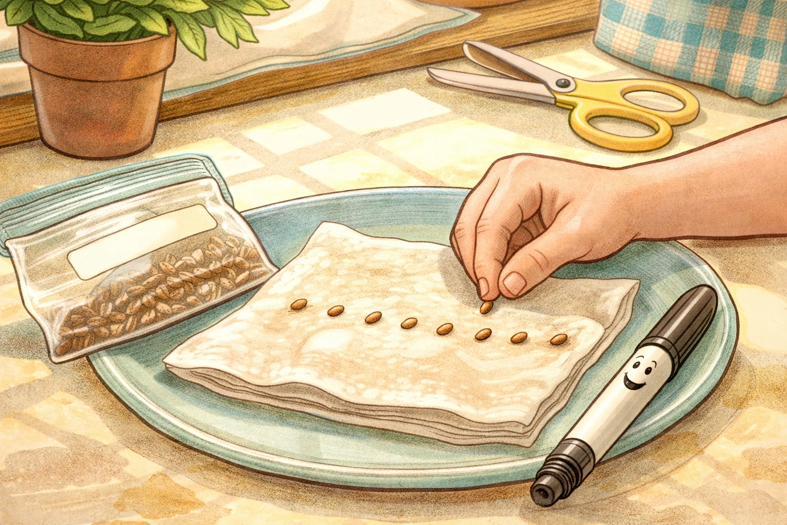 Child placing seeds on a damp paper towel, preparing for a simple paper towel germination test at home.