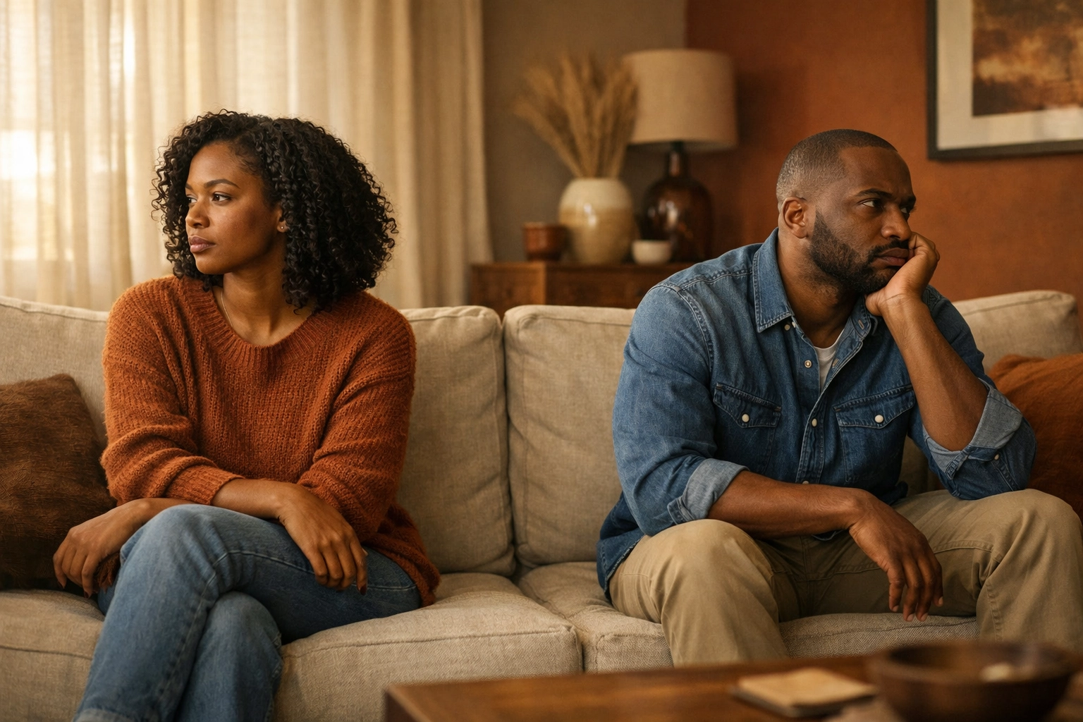 BIPOC couple showing emotional distance due to suppressed vulnerability