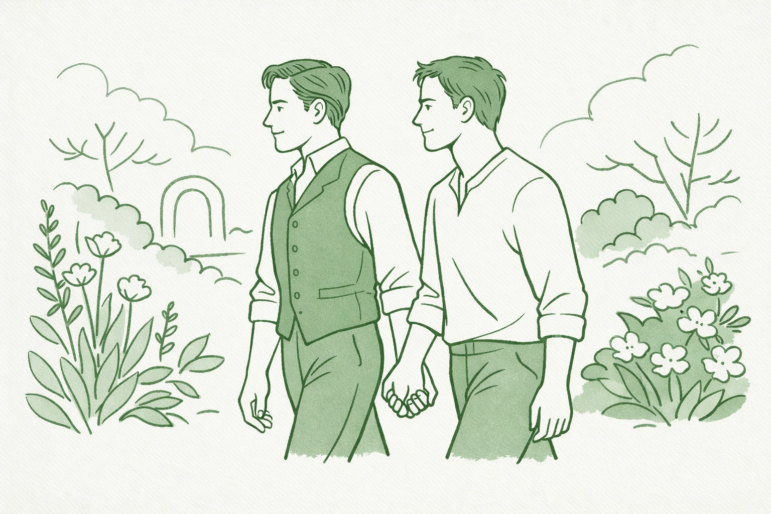 Two men walking hand in hand in a garden, everyday queer resilience and pride