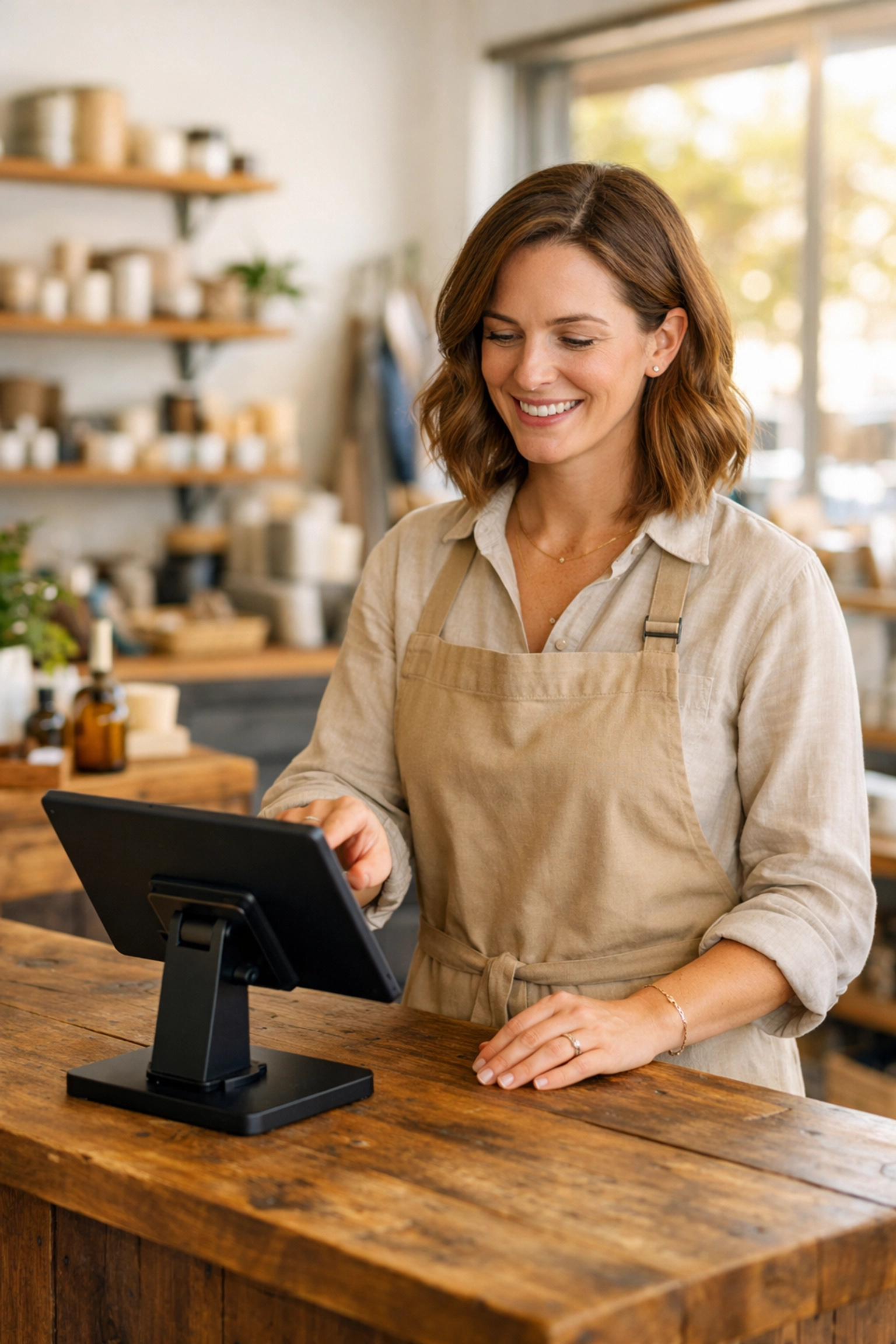 Boutique owner using a modern Epos Now till system on a sleek tablet in a sunlit retail shop.