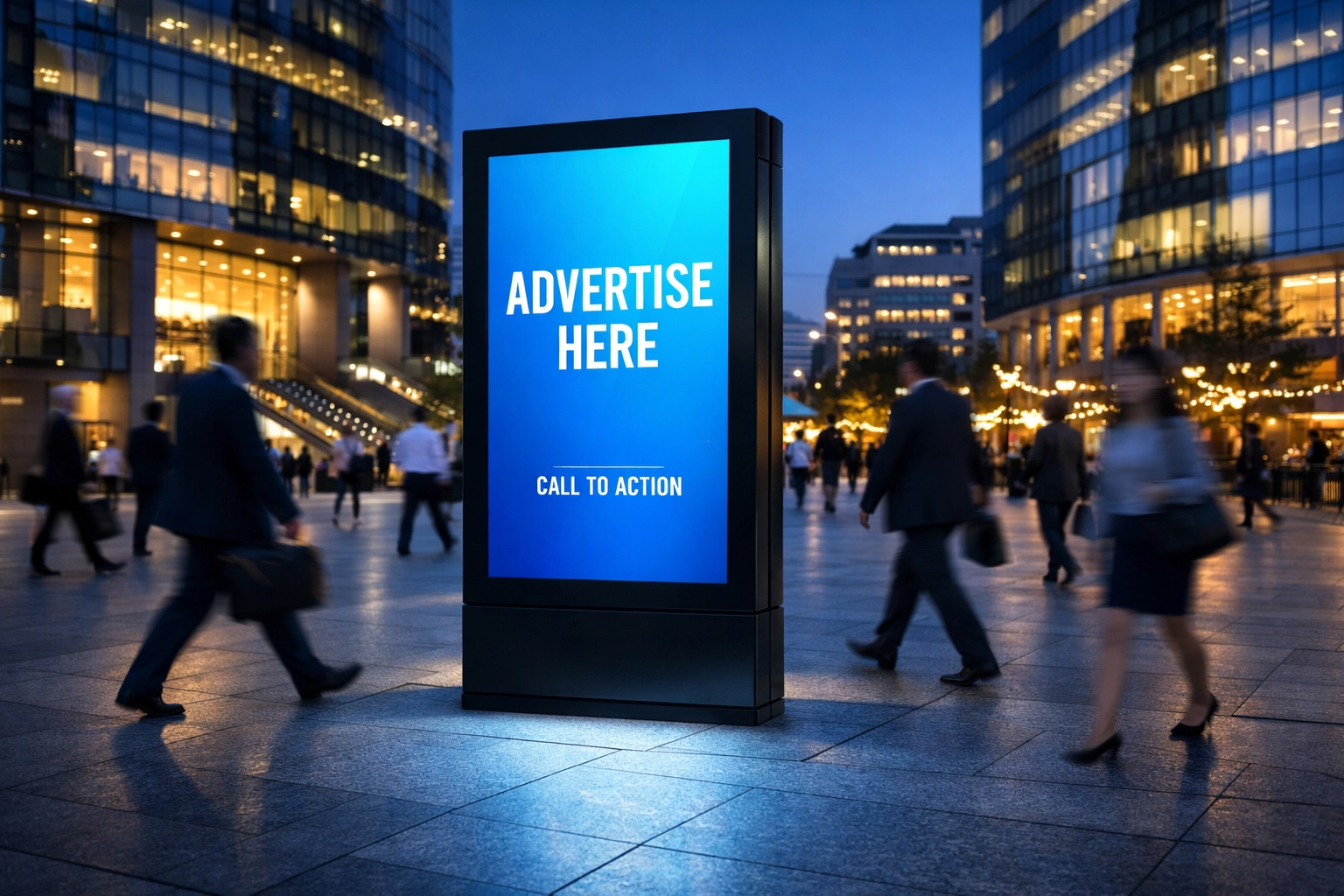 A digital advertising kiosk in a busy city plaza showing scheduled local marketing content at twilight.