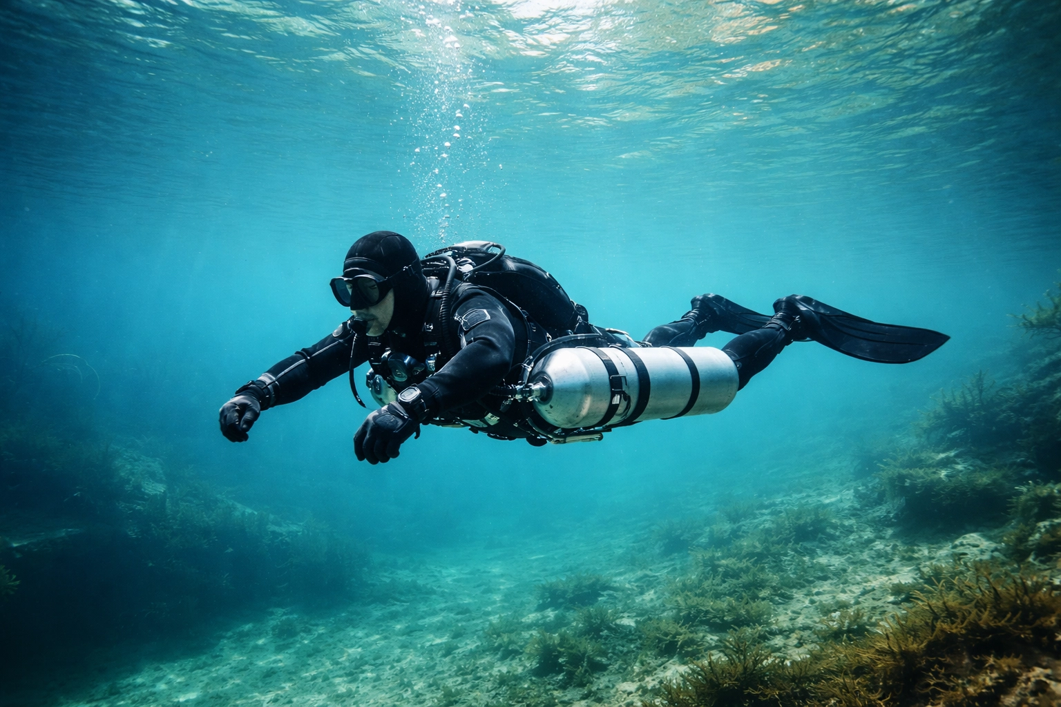 Seitliche Aufnahme eines Tauchers im Sidemount-Setup, perfekt schwebend im klaren Wasser des Goitzschesees