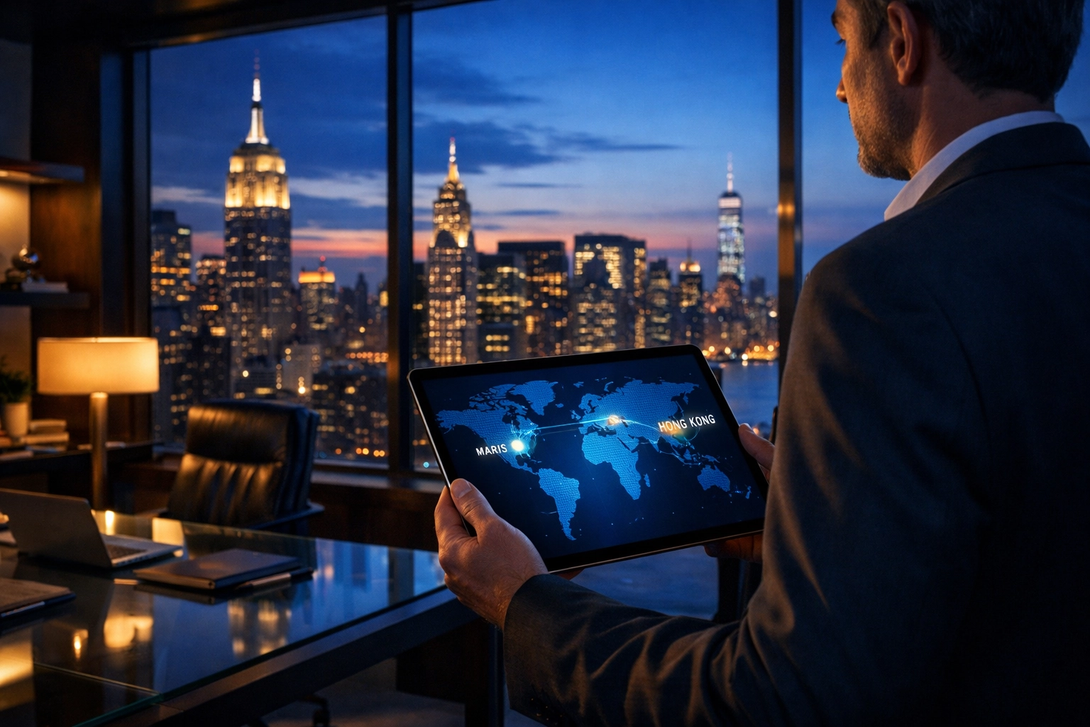 Executive managing a global DOOH strategy with New York City skyline in the background.