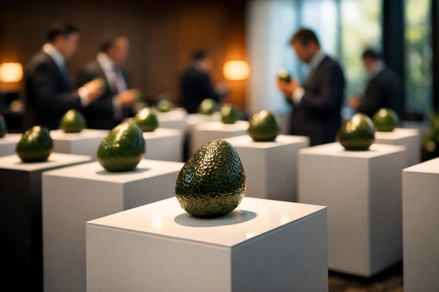 Premium avocados on display at professional commodity conference with business attendees