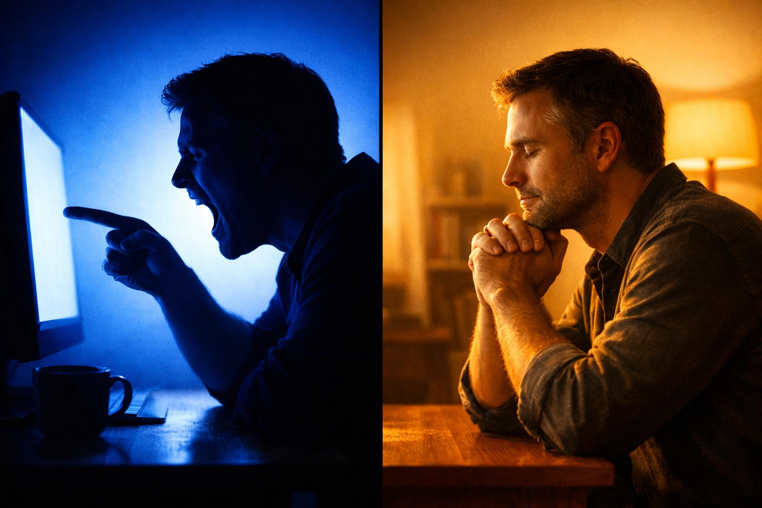 Split image comparing angry news consumer versus peaceful Christ-centered reader
