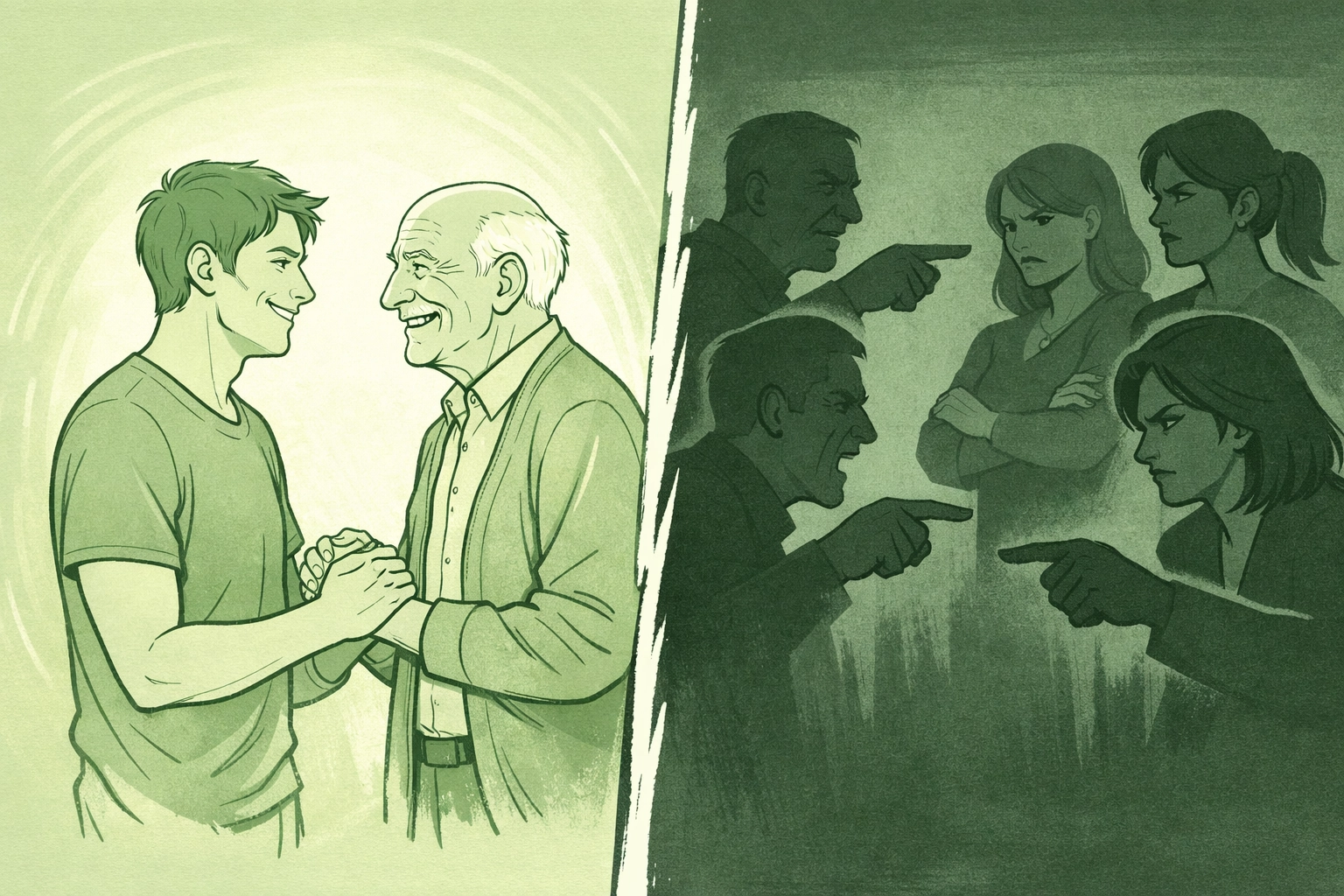 MM age gap couple holding hands despite judgmental onlookers - defiant gay love