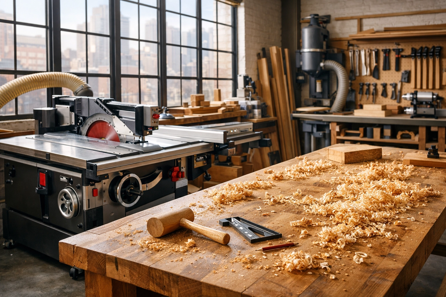 Professional carpentry shop with a table saw and workbench covered by a business owners policy.