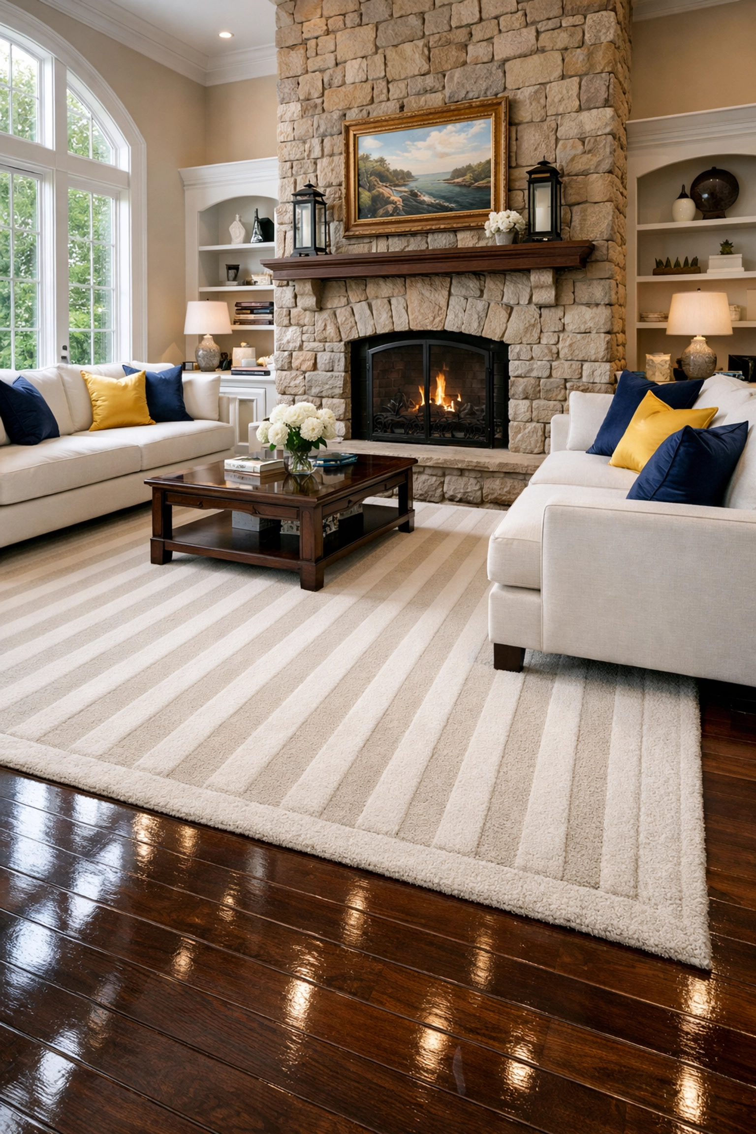 Spotless Dover living room after deep residential cleaning Massachusetts with polished hardwood floors.