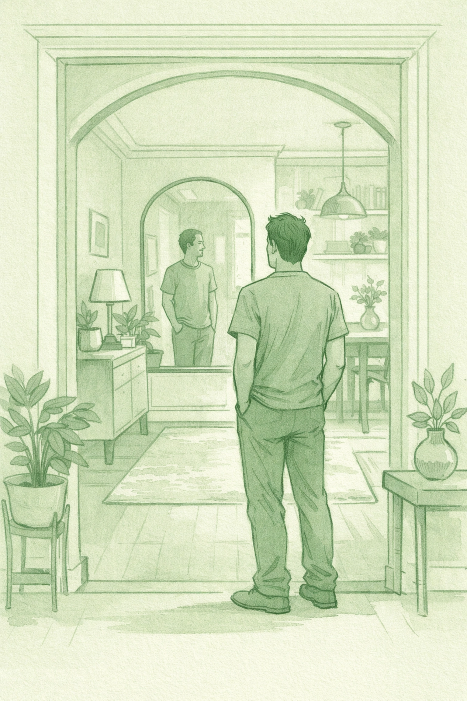 Man admiring self-made sanctuary home reflecting gay self-acceptance journey