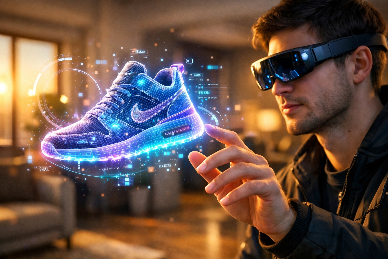 Person using AR glasses for metaverse shopping with Larecoin AI interactive product holograms.