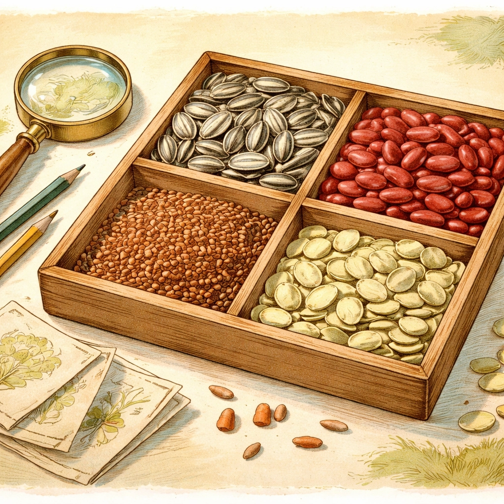 Overhead view of a tray displaying various seeds for a family seed guessing game, magnifying glass and pencils nearby