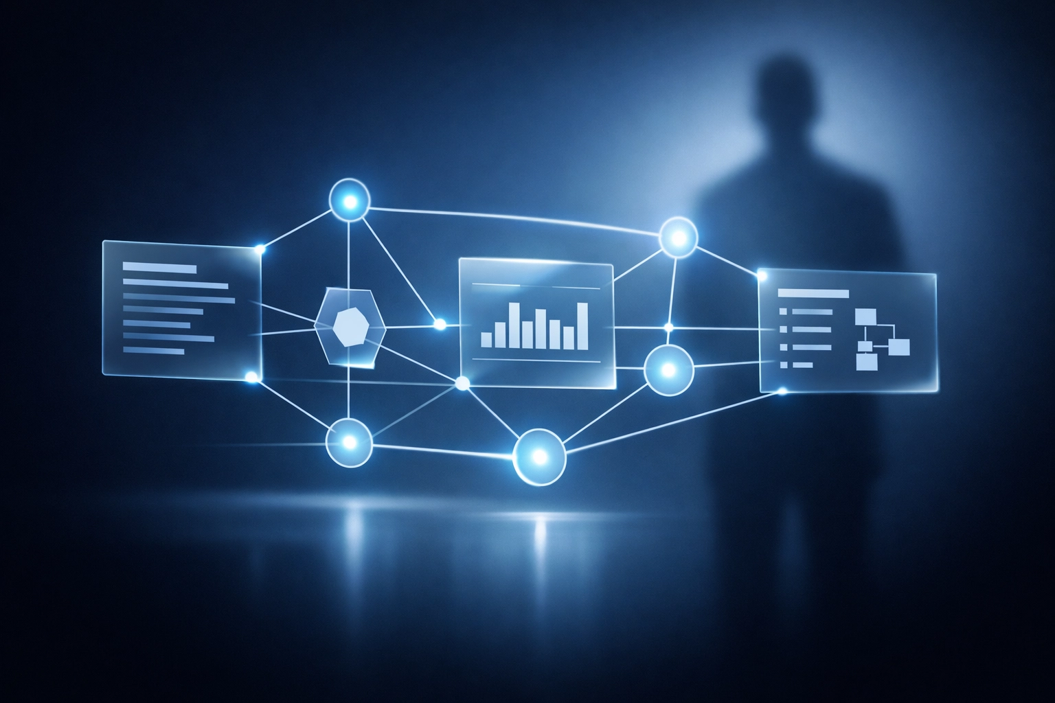 Futuristic digital interface representing AI workflow orchestration and strategic human-in-the-loop guidance.