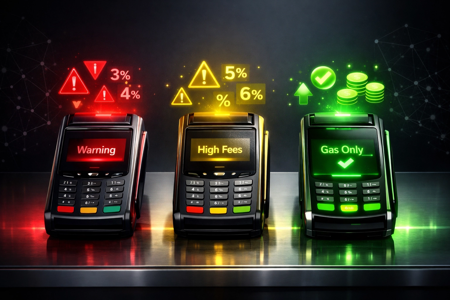 Crypto payment terminal comparison showing NOWPayments and CoinPayments fees vs Larecoin gas-only model