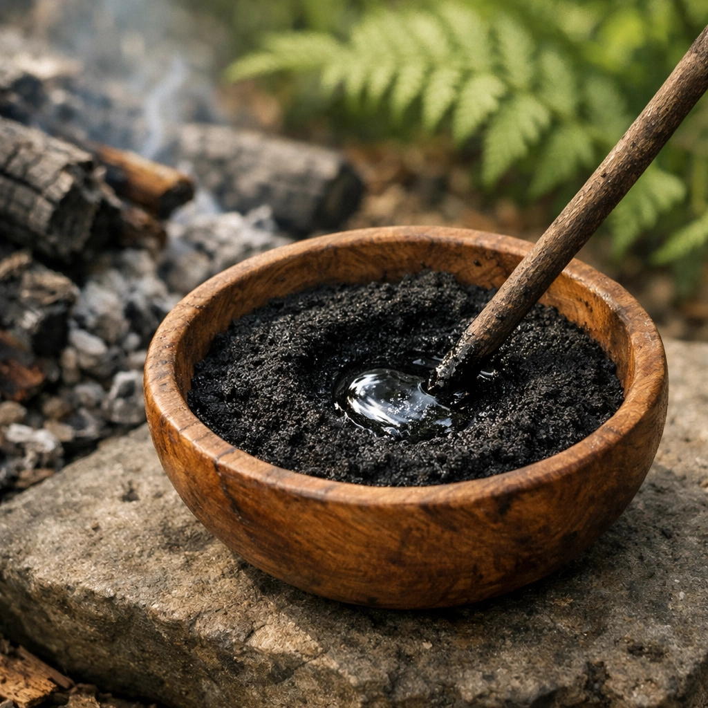 Mixing charcoal powder and water in a wooden bowl for natural outdoor survival tooth brushing.
