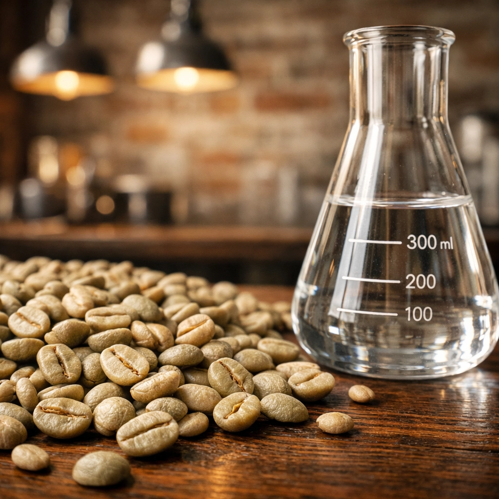 Lab-tested green specialty coffee beans and glassware showcasing Peacemaker's mold-free standards.