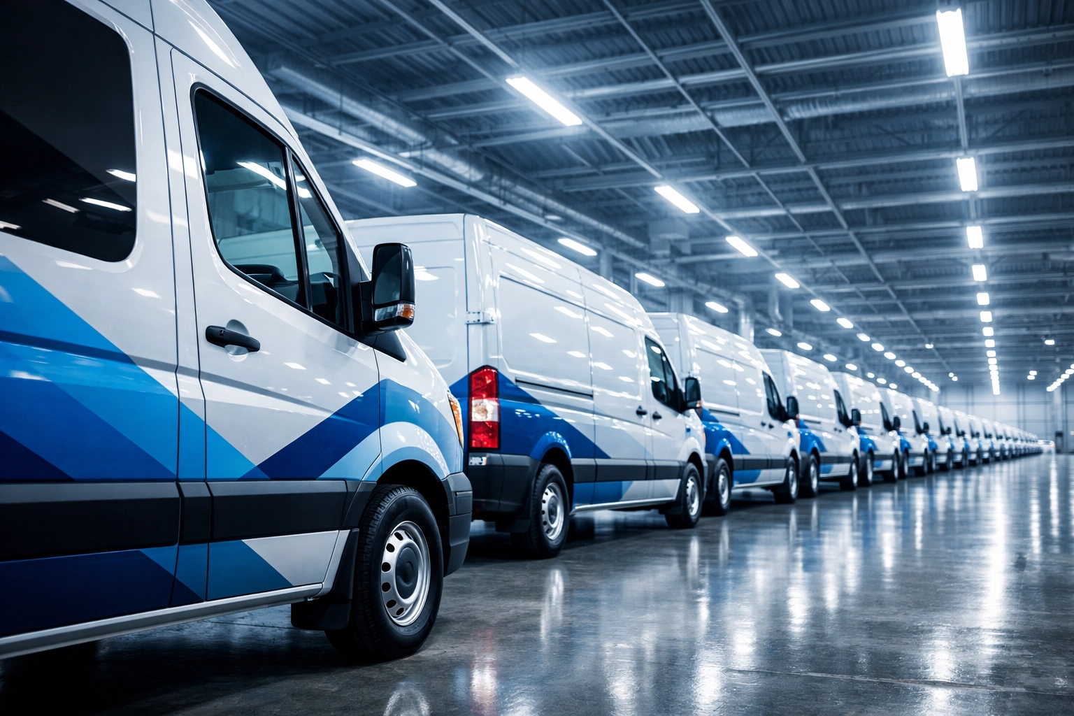 A fleet of uniform national plumbing franchise vans parked in a corporate warehouse.