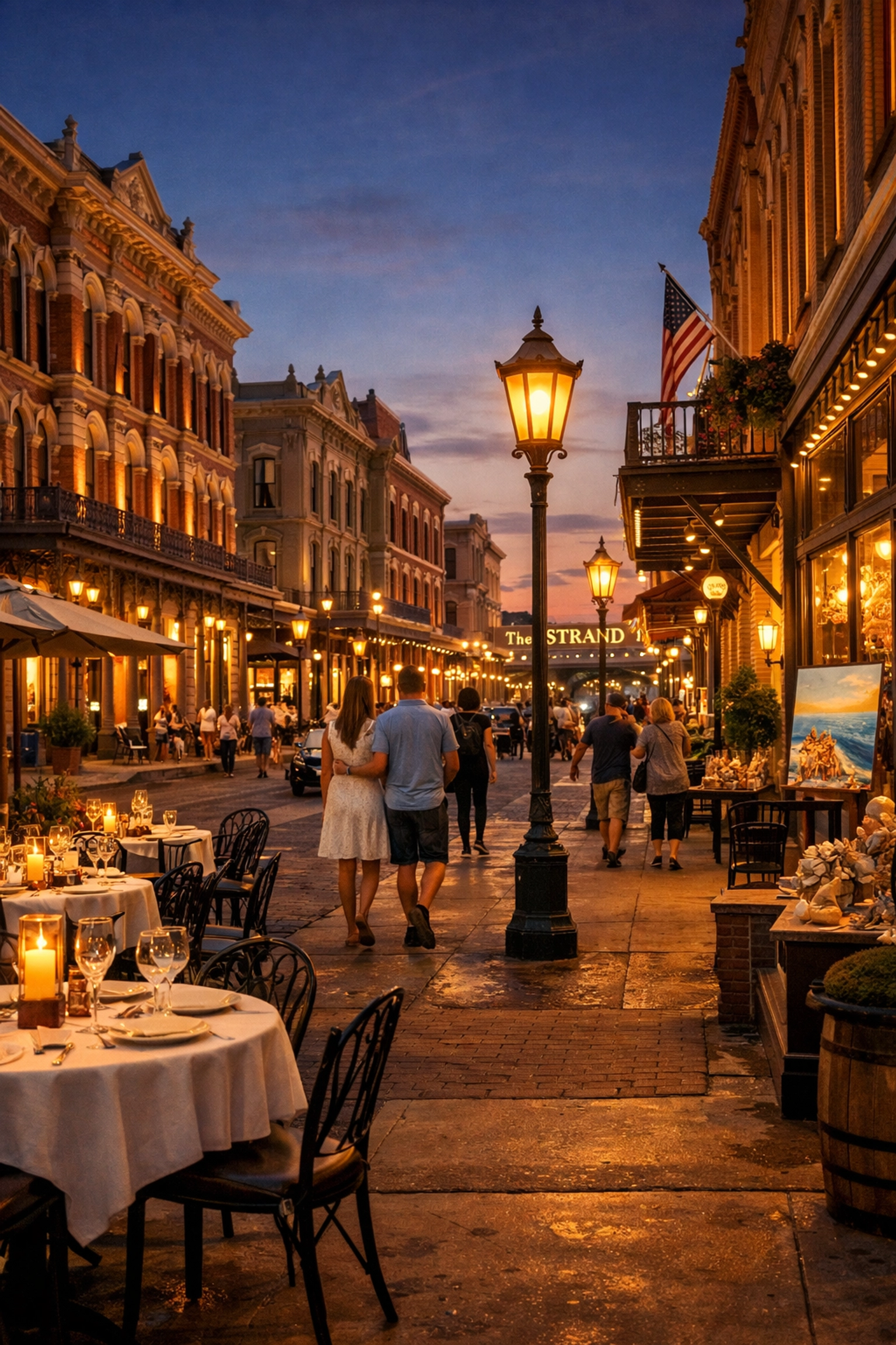 Historic Strand District in Galveston Texas with Victorian buildings at dusk