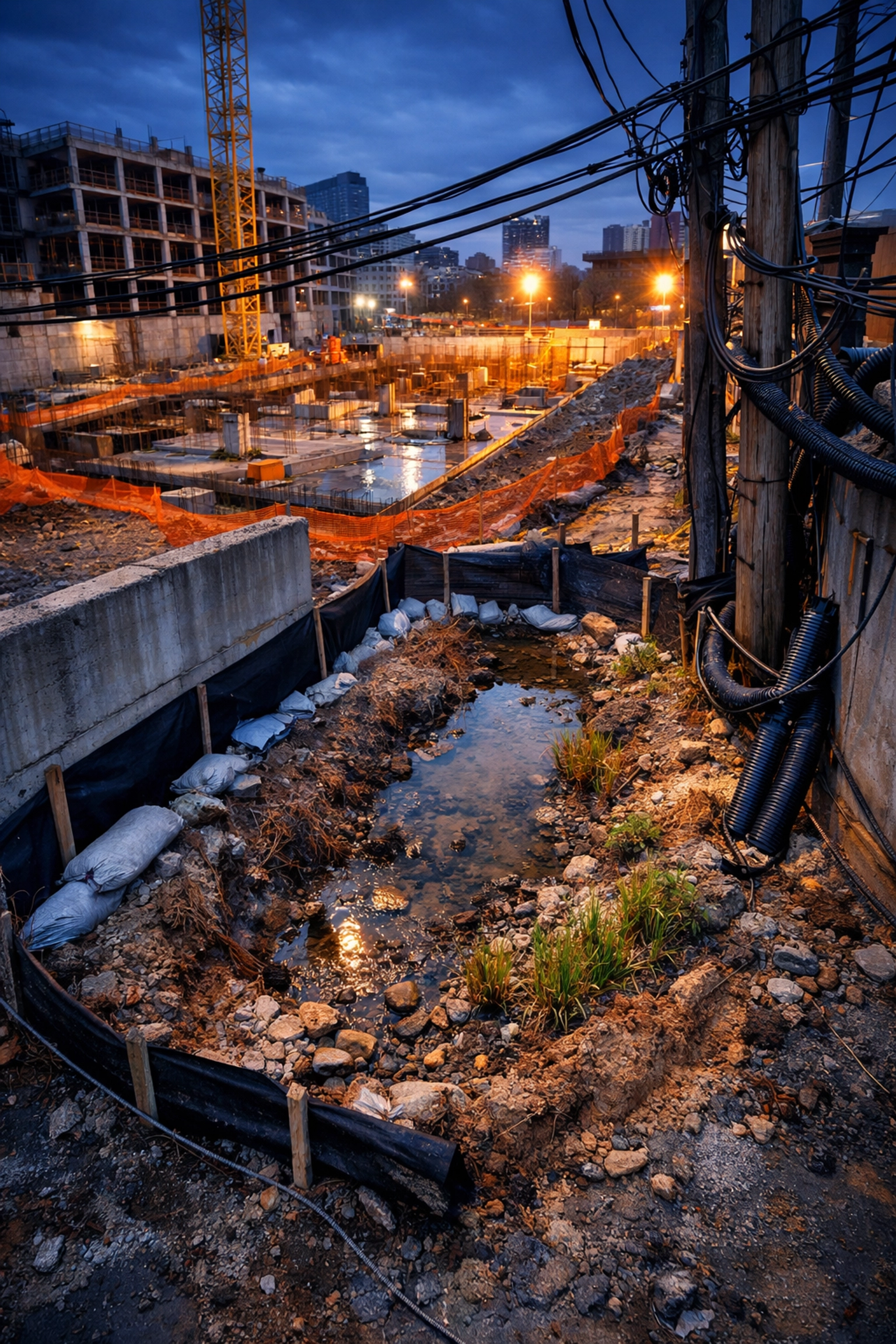 Retrofitted bioswale at urban construction site showing costly green infrastructure compliance errors