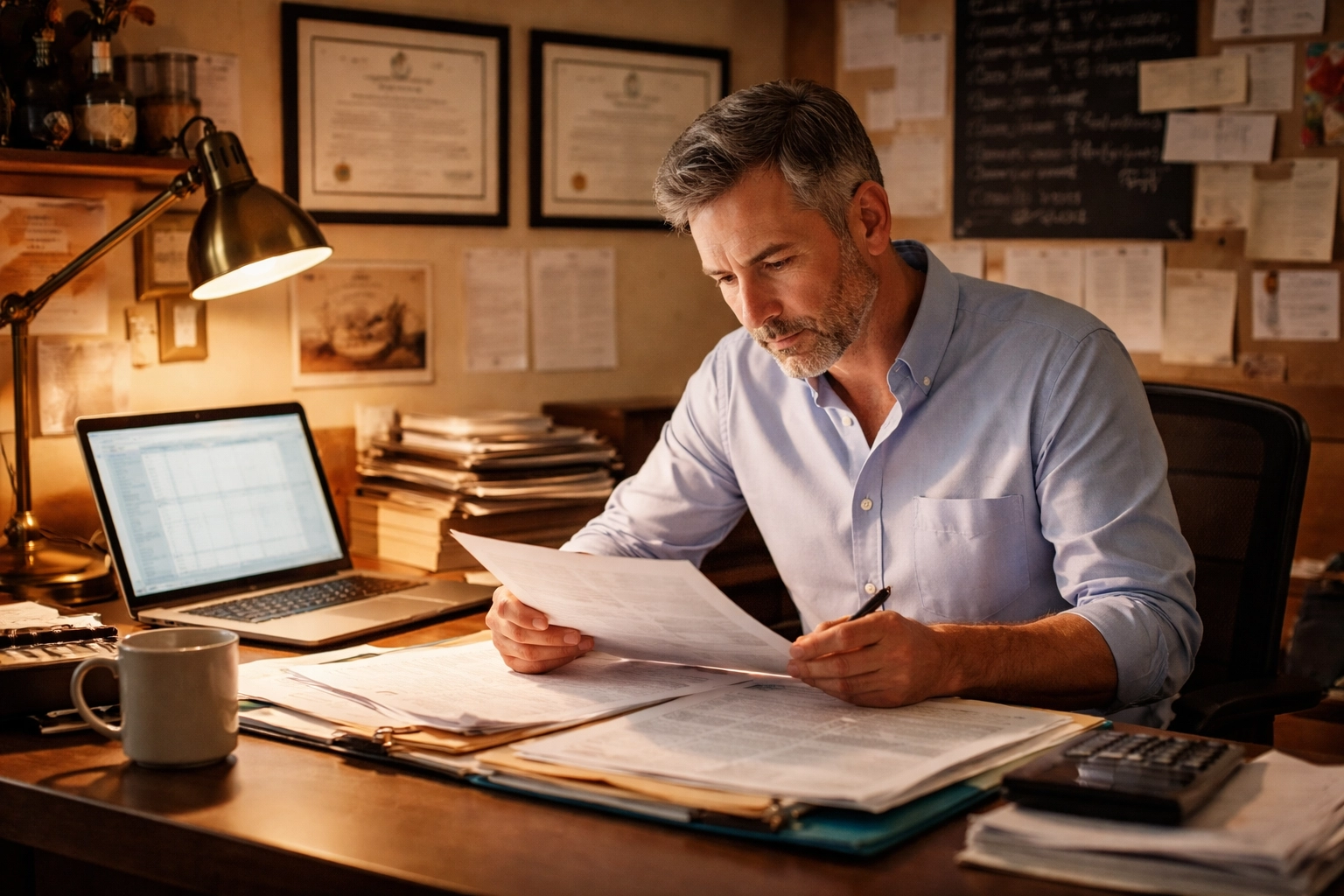 Restaurant owner reviewing insurance policies in back office depicts evaluating BOP endorsements for risk management.