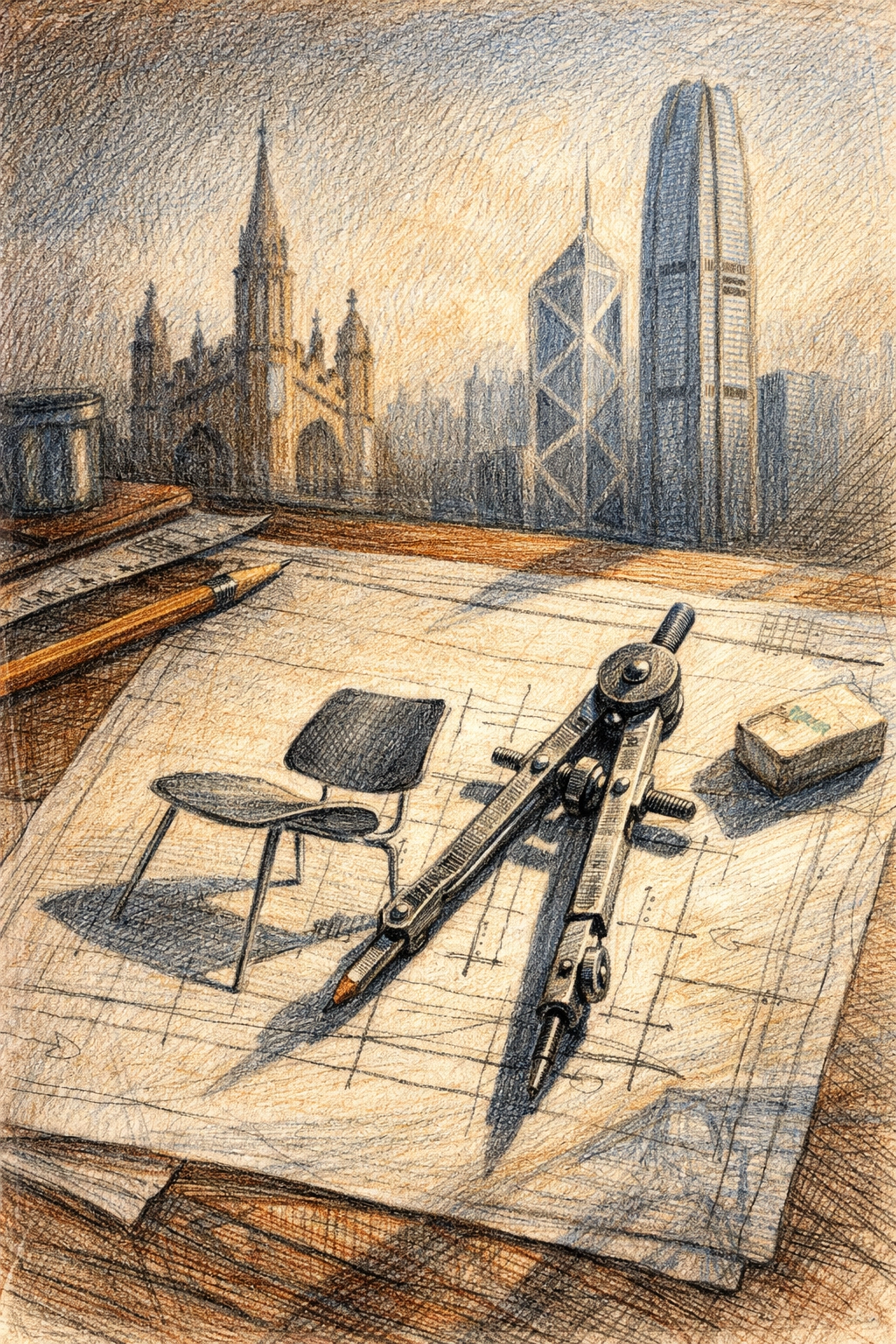 Sketch of minimalist chair and architectural tools representing Andre Fu's cross-cultural luxury design style.