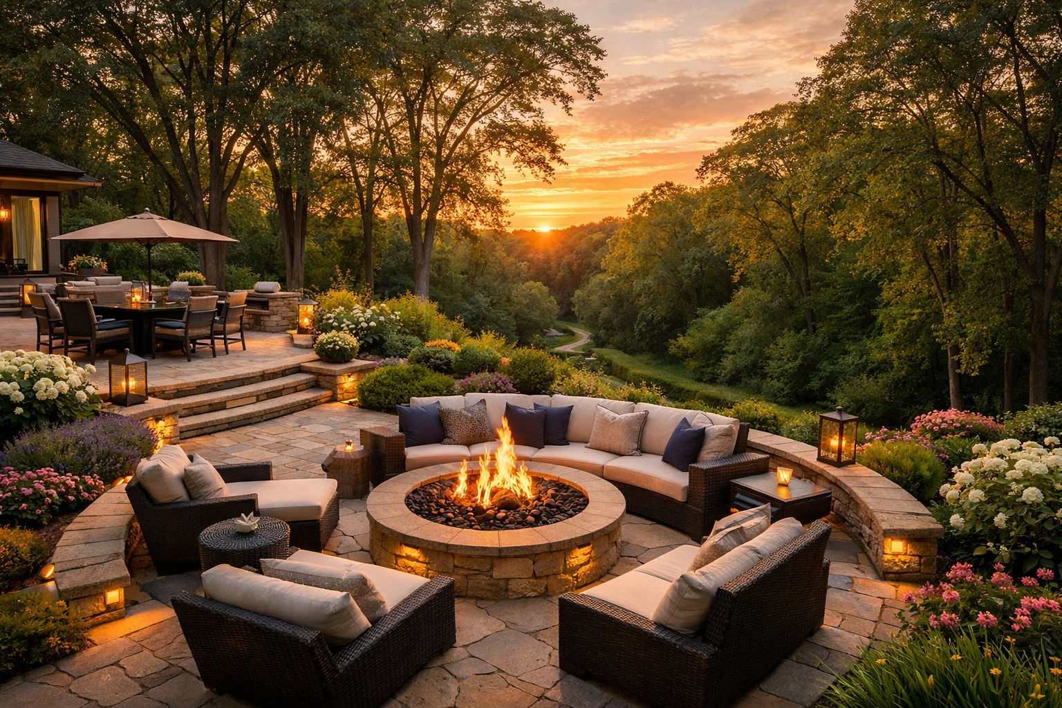 High-end outdoor living space with stone patio and fire pit on the North Shore.
