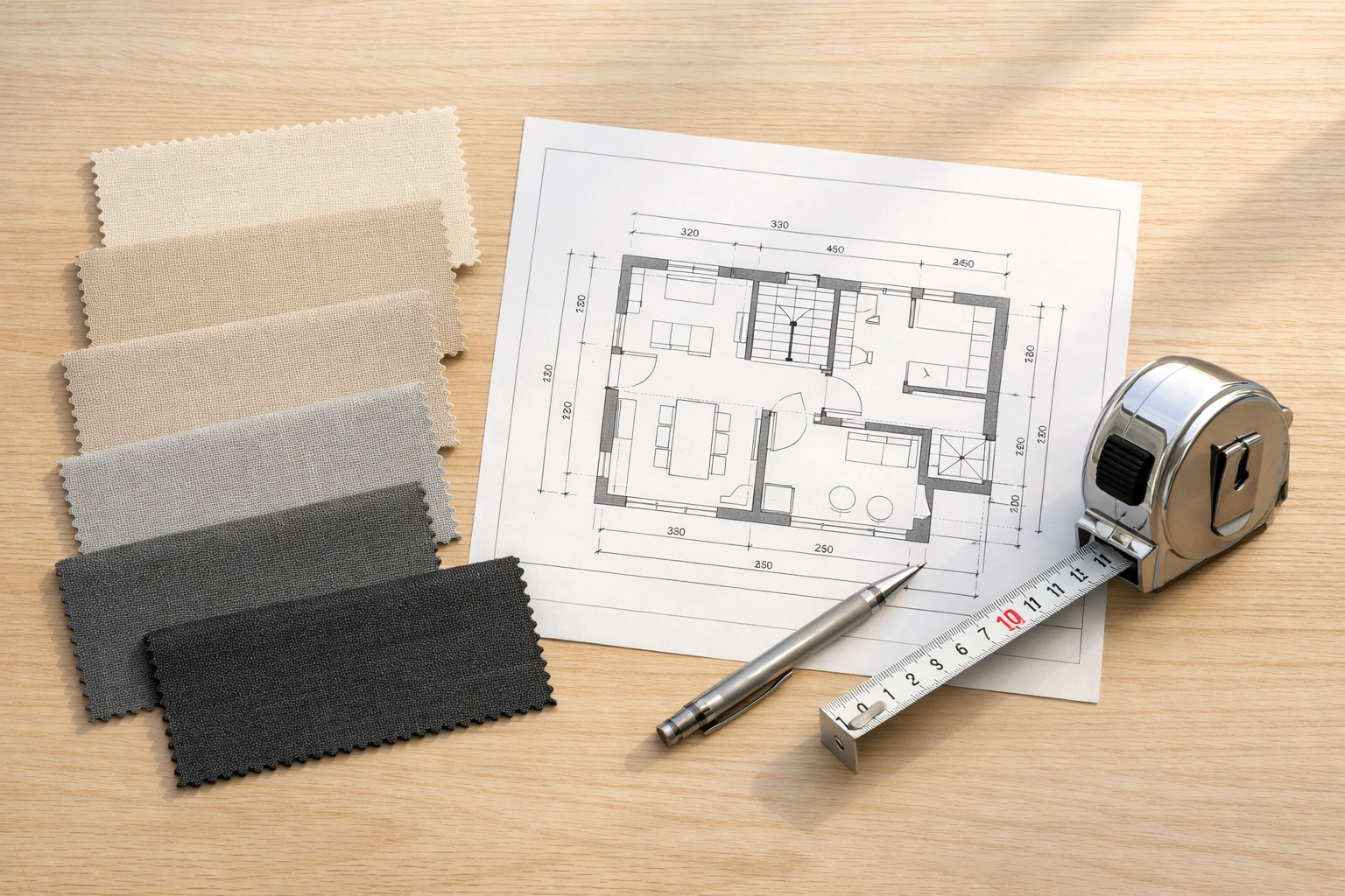 Verschiedene Markisenstoffe und Architekturpläne für die professionelle Planung einer Markise nach Maß.