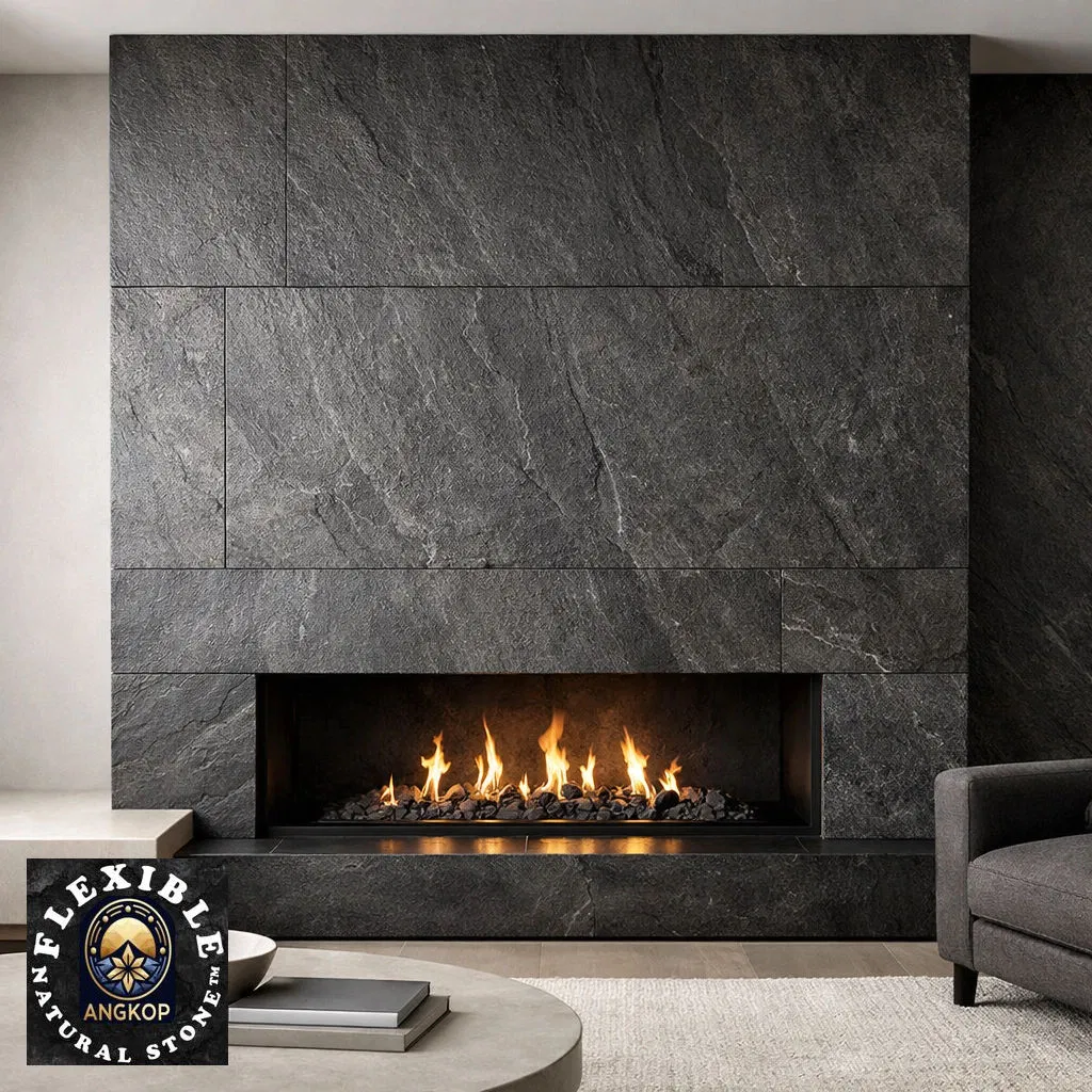 Salon moderne avec une cheminée revêtue de Flexible Natural Stone™ par Angkop Corp. La finition naturelle gris ardoise profond est installée sans effort en grandes sections.