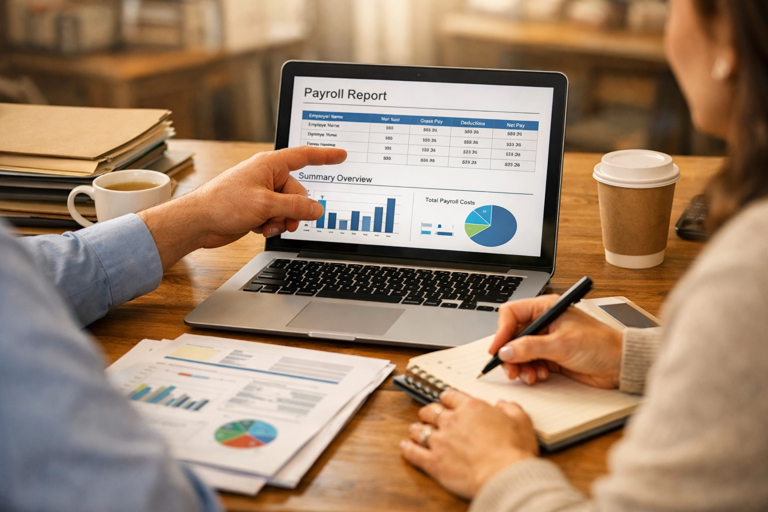 Business owner consulting with accountant on payroll and financial records