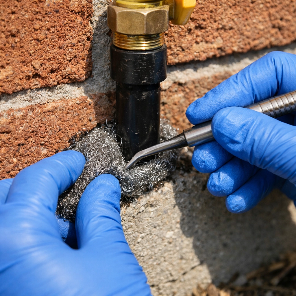 Sealing a foundation gap around a pipe with steel wool for effective rodent control in Westchester.