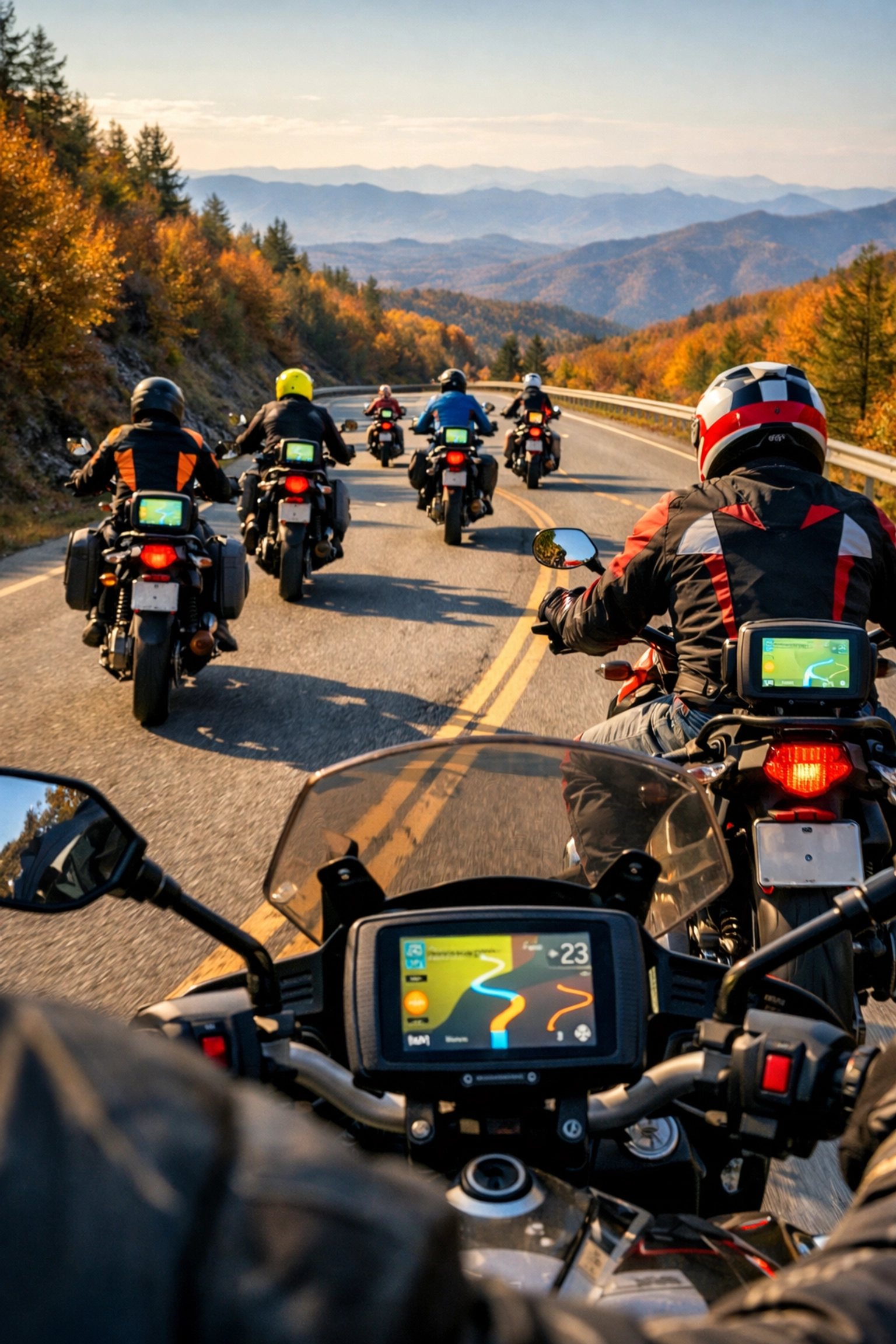 Group of motorcycles with GPS units riding in staggered formation on mountain road