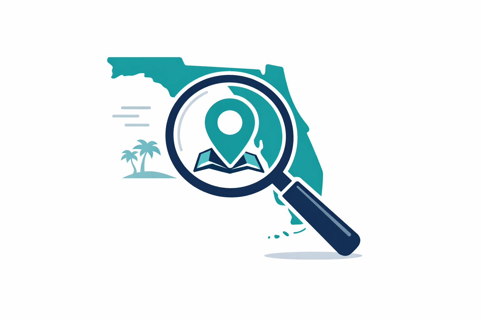 Minimal magnifying glass and map pin illustration representing local SEO in Florida.