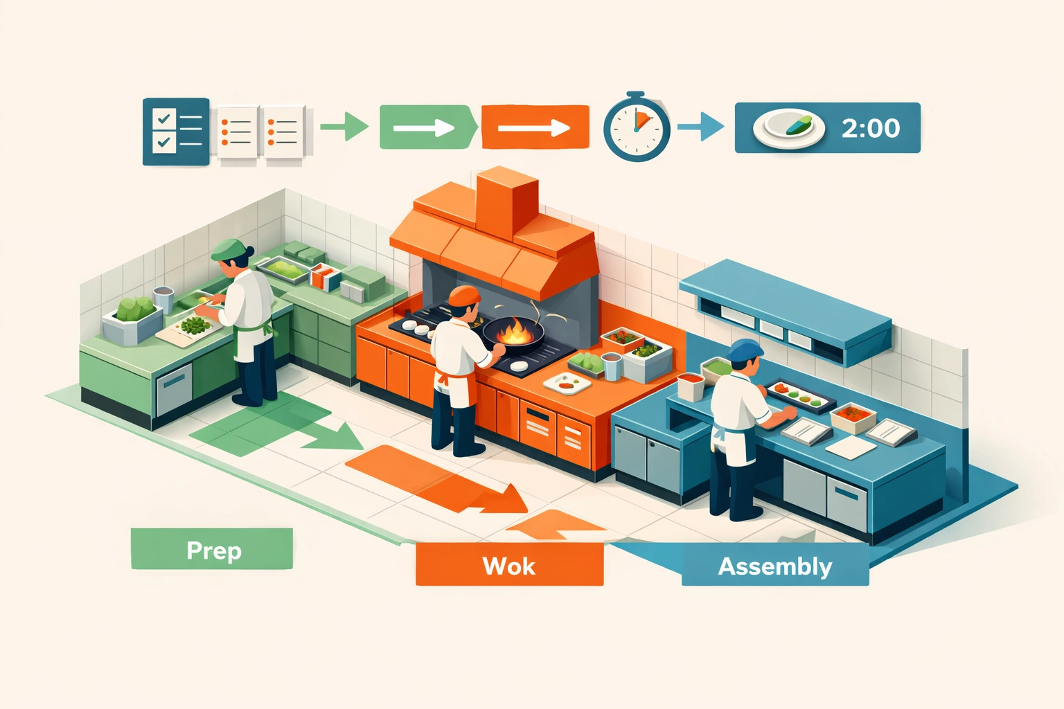 Fast-casual restaurant kitchen layout diagram showing Pei Wei's streamlined cooking stations